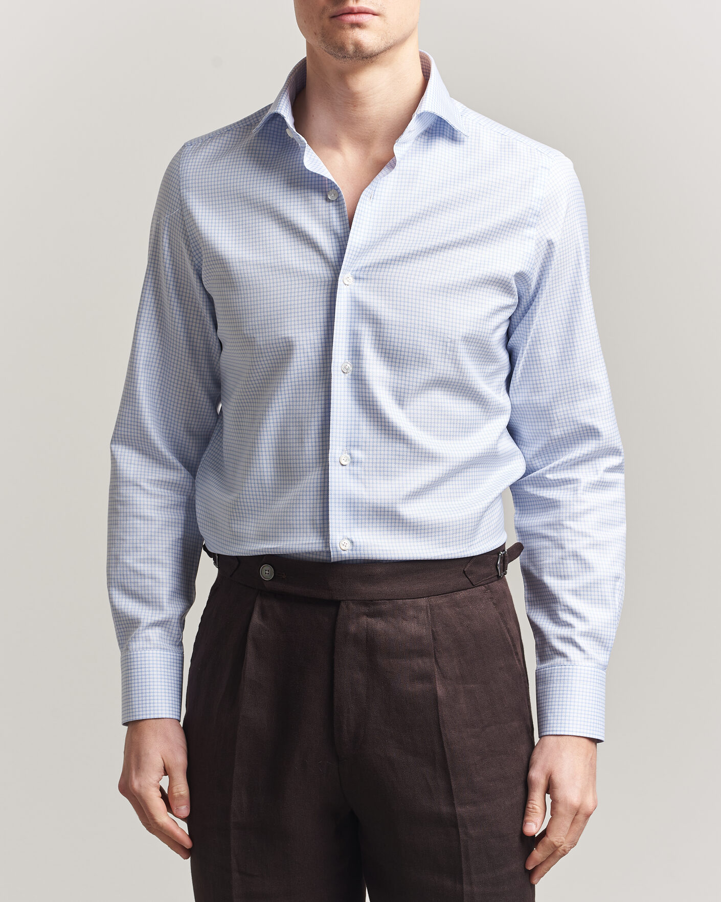 Homme | Chemises | Finamore Napoli | Milano Slim Twill Shirt Light Blue Check