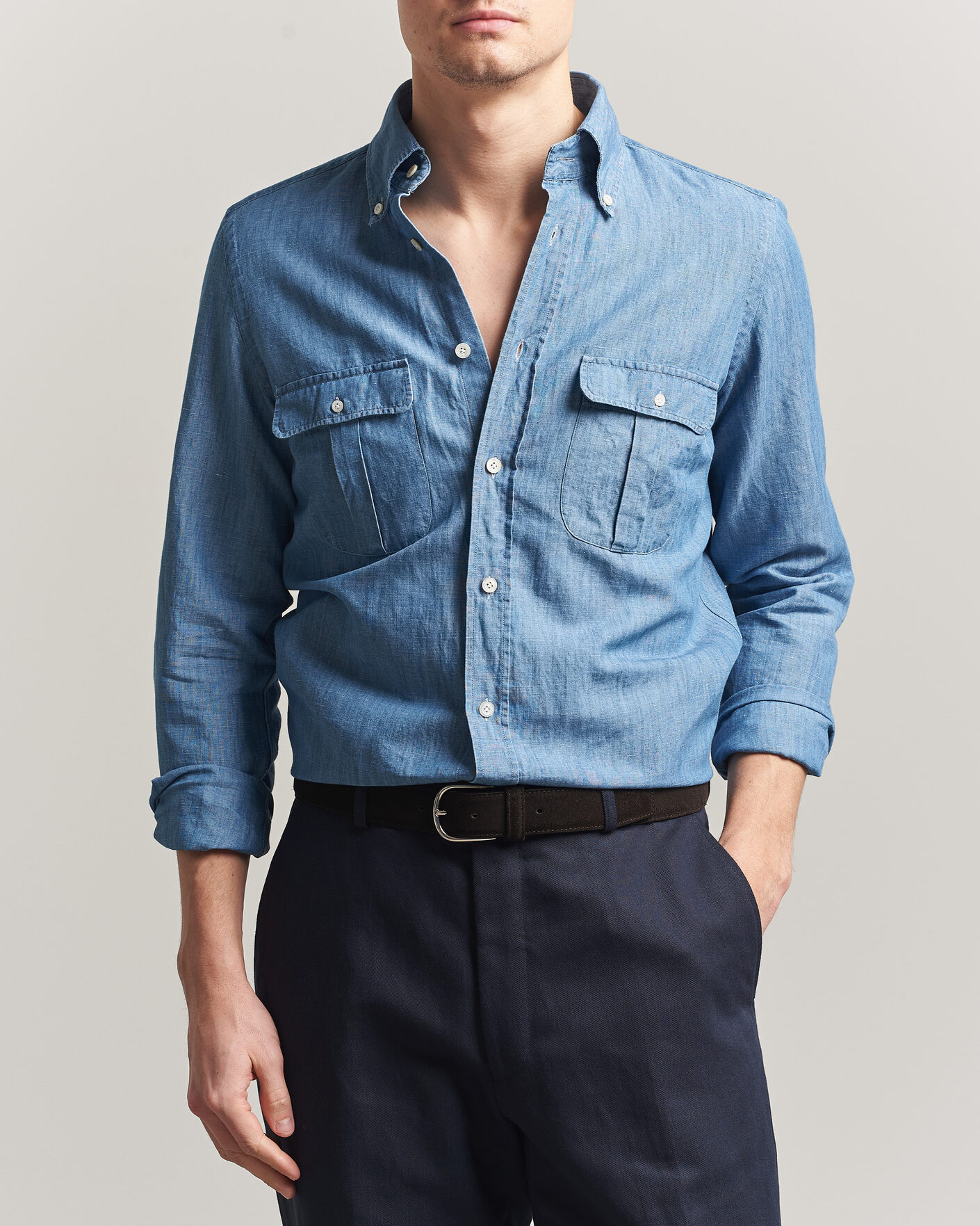 Homme | Chemises | Finamore Napoli | Double Pocket Overshirt Light Blue