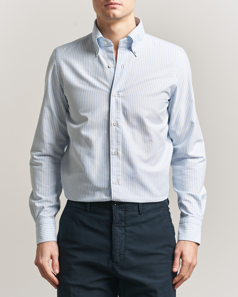 Homme | Chemises | Finamore Napoli | Gaeta Oxford Button Down Shirt Light Blue Stripe