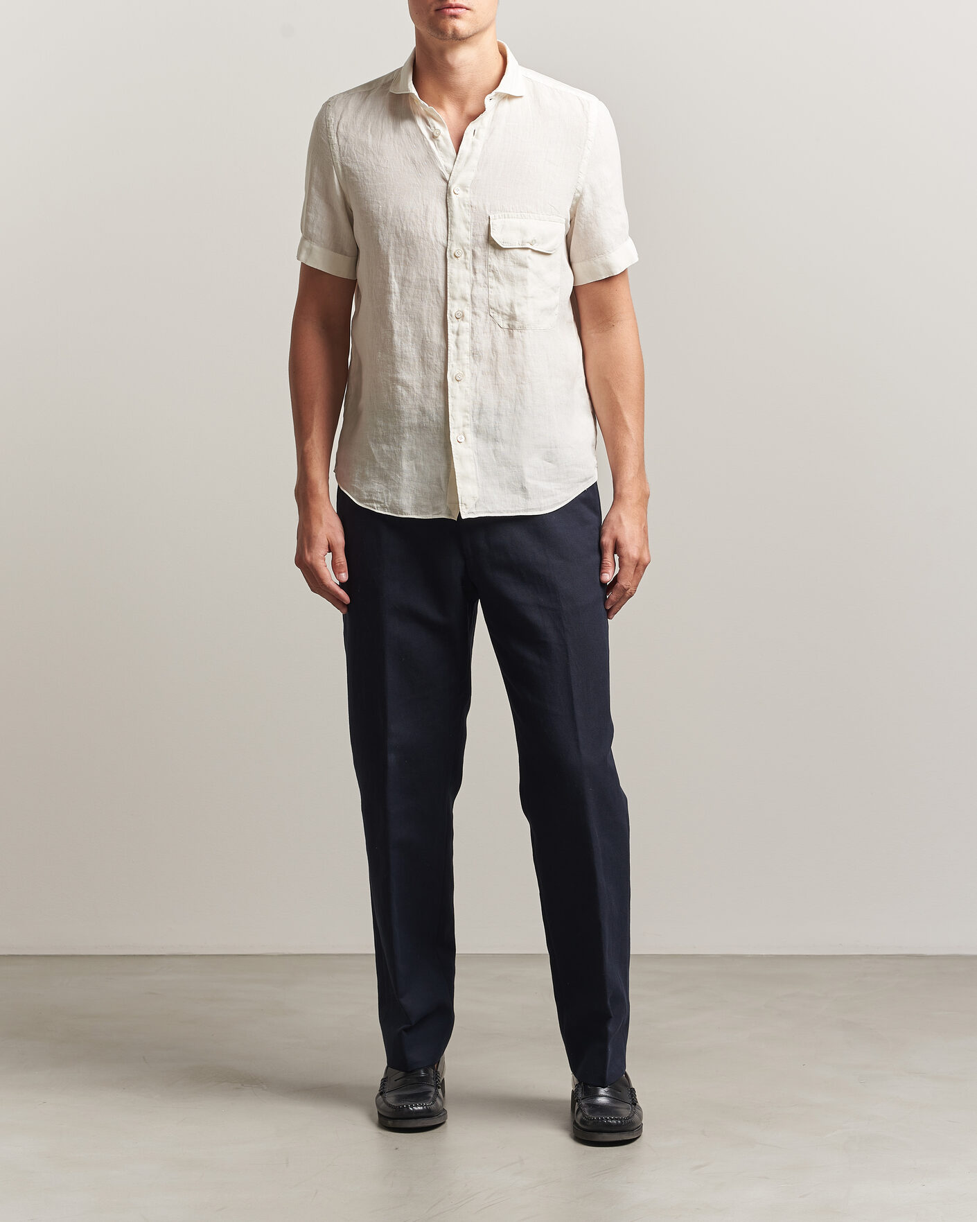 Homme |  | Finamore Napoli | Linen Short Sleeve Sport Shirt Off White