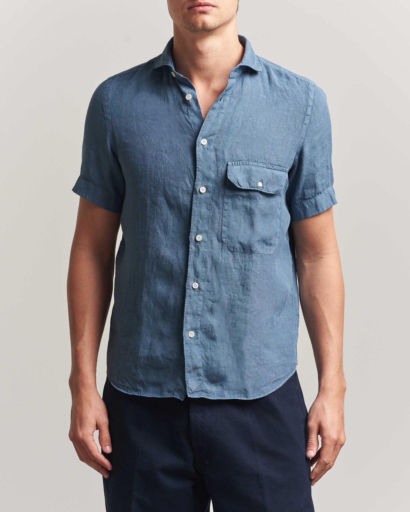 Homme | Chemises | Finamore Napoli | Linen Short Sleeve Sport Shirt Dark Blue