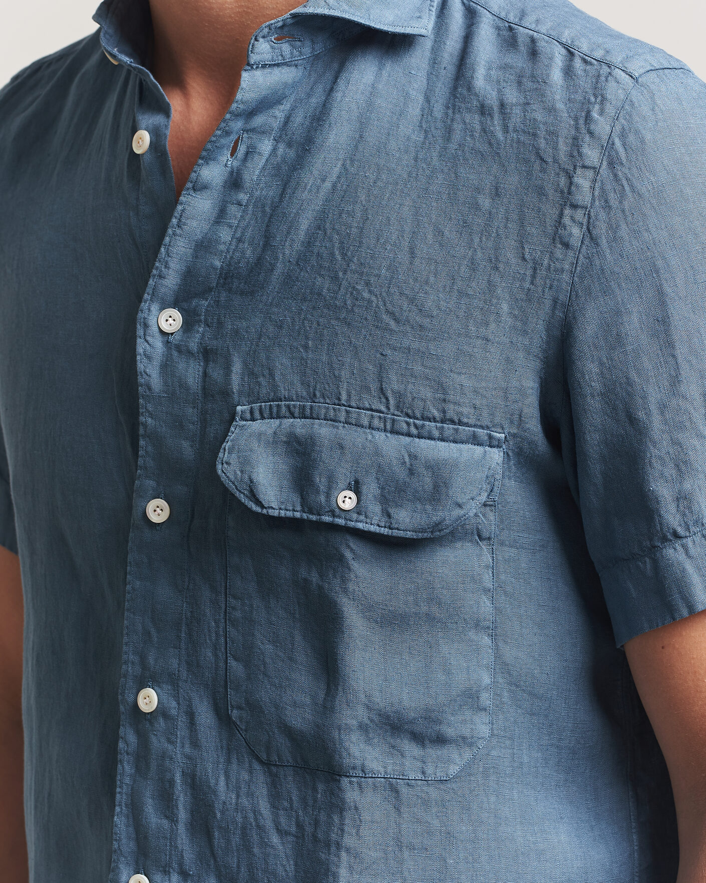 Homme | Chemises | Finamore Napoli | Linen Short Sleeve Sport Shirt Dark Blue