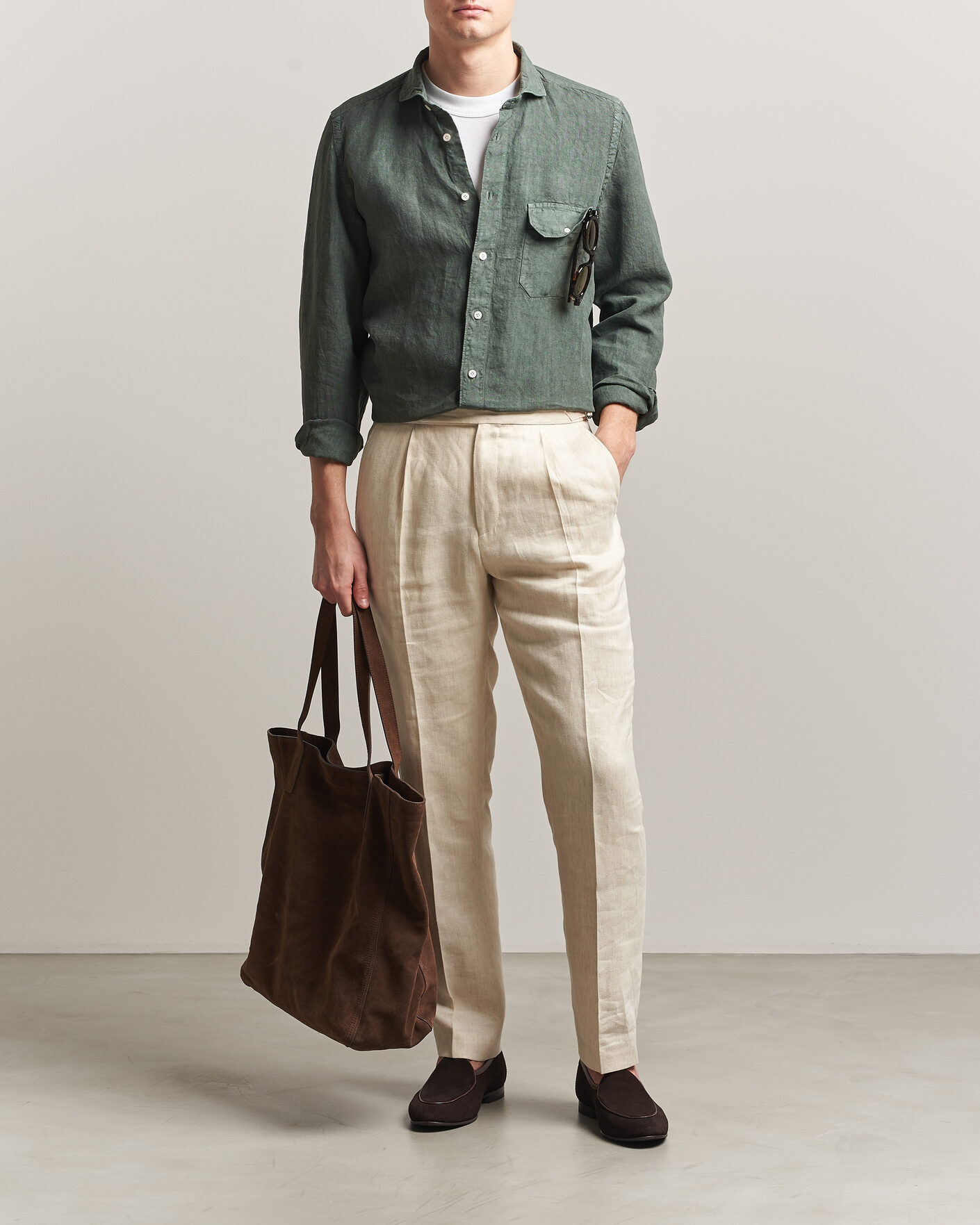 Homme | Chemises | Finamore Napoli | Salina Garment Dyed Linen Overshirt Dark Green