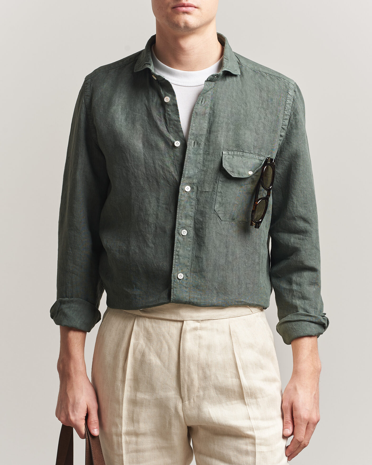 Homme | Chemises | Finamore Napoli | Salina Garment Dyed Linen Overshirt Dark Green