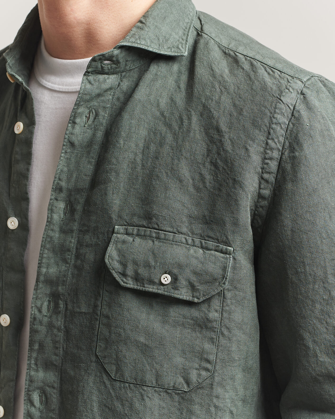 Homme | Chemises | Finamore Napoli | Salina Garment Dyed Linen Overshirt Dark Green