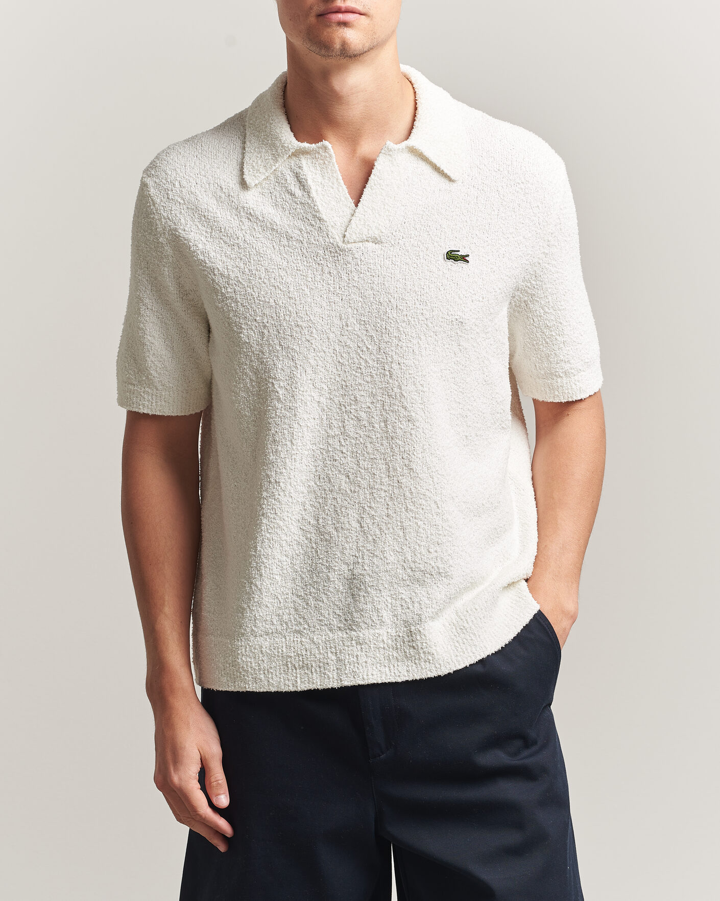 Homme | Polos | Lacoste | Cotton Bouclé Open Collar Polo Flour