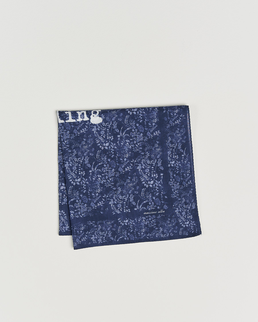 Homme | Pochettes De Costume | Massimo Alba | Printed Cotton Voile Hankerchief Midnight Blue
