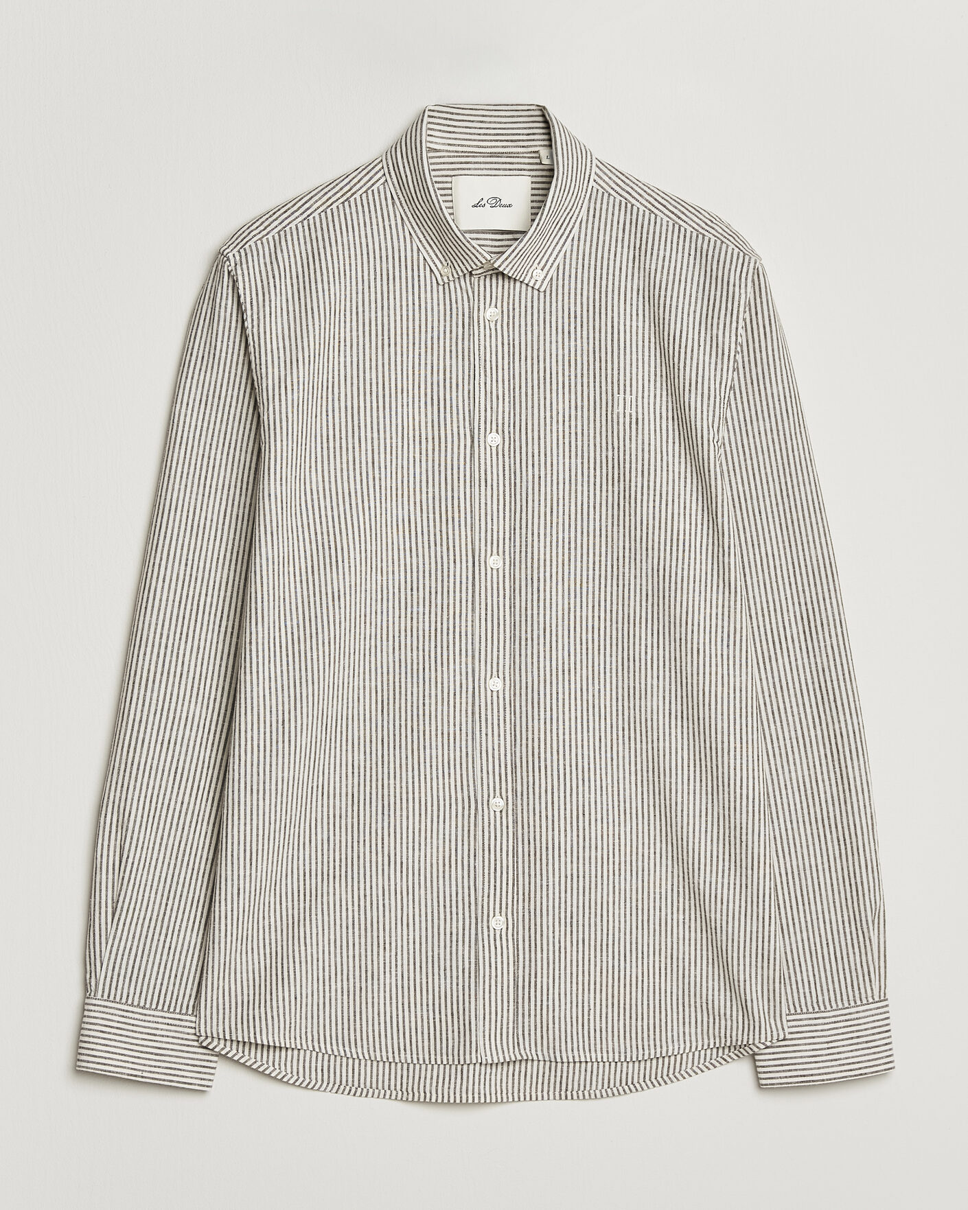 Homme | Chemises | LES DEUX | Konrad Striped Cotton/Linen Shirt Teak Brown