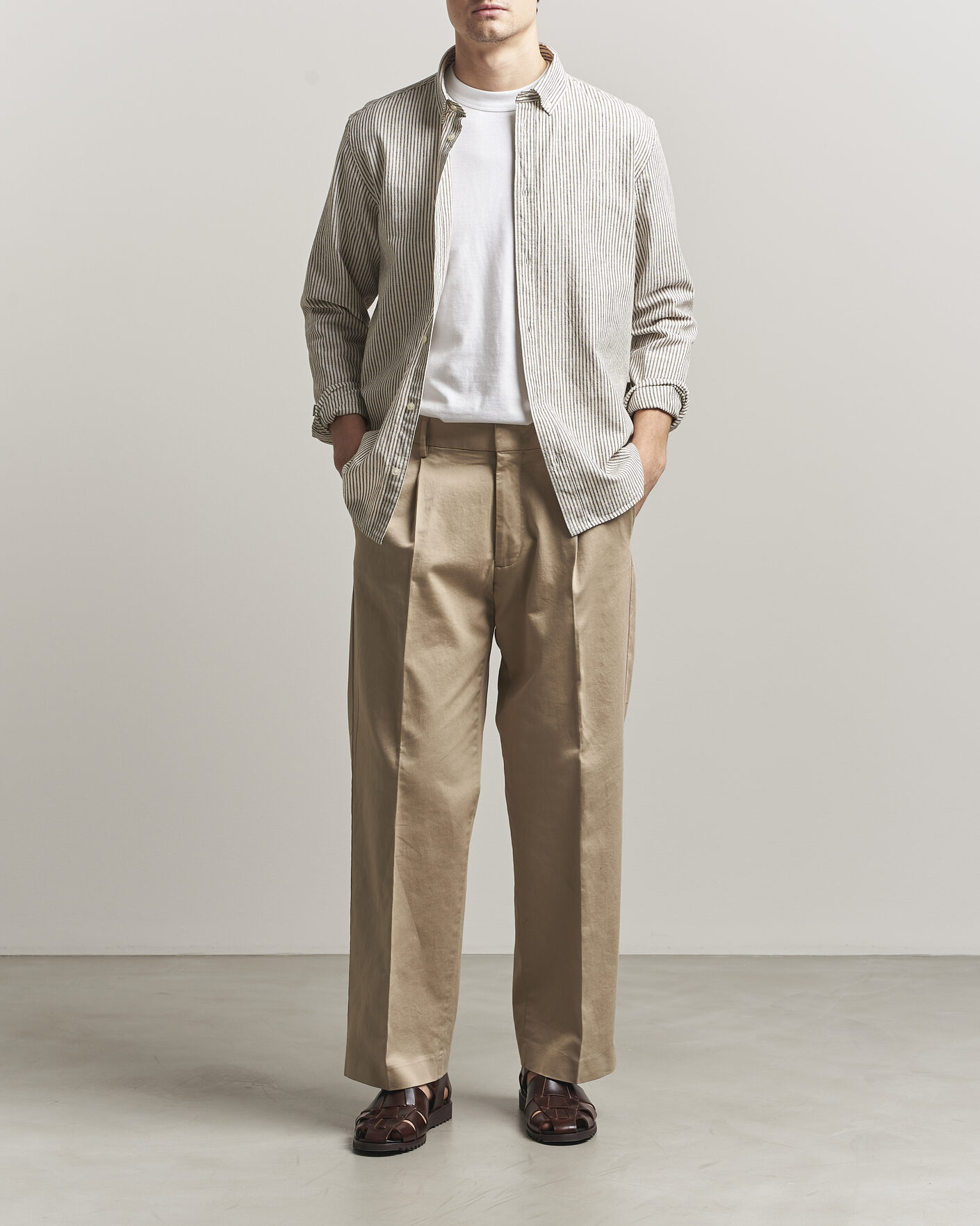 Homme | Chemises | LES DEUX | Konrad Striped Cotton/Linen Shirt Teak Brown
