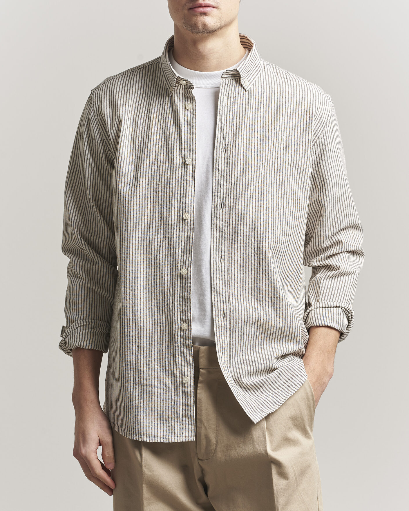 Homme | Chemises | LES DEUX | Konrad Striped Cotton/Linen Shirt Teak Brown
