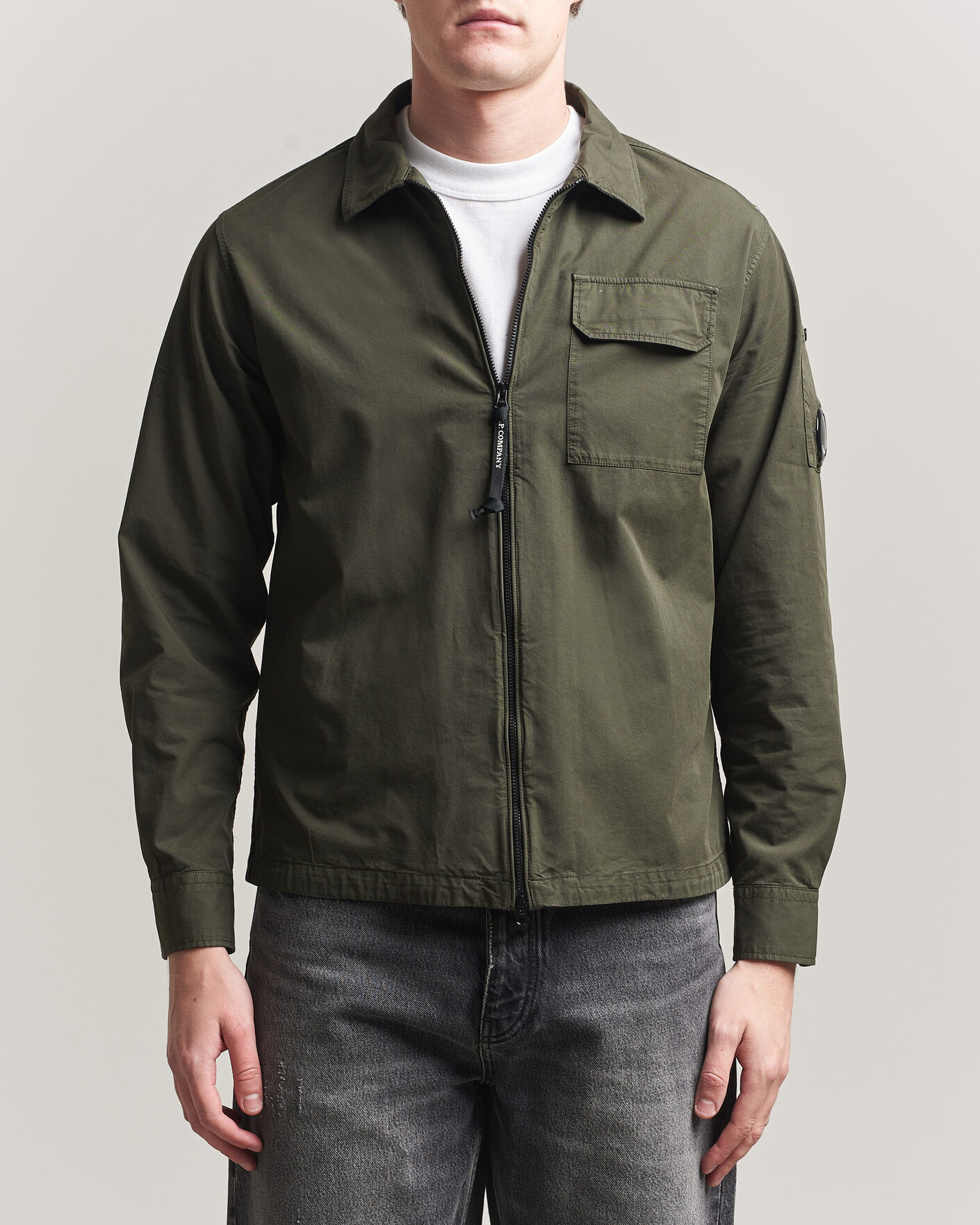 Homme | Chemises | C.P. Company | Garment Dyed Gabardine Zip Overshirt Dark Green
