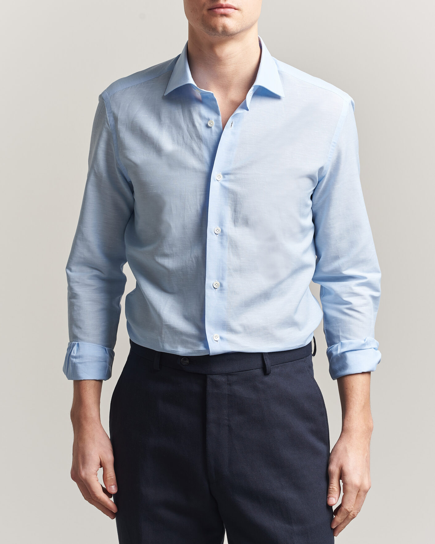 Homme | Chemises | Mazzarelli | Soft Cotton/Linen Shirt Light Blue