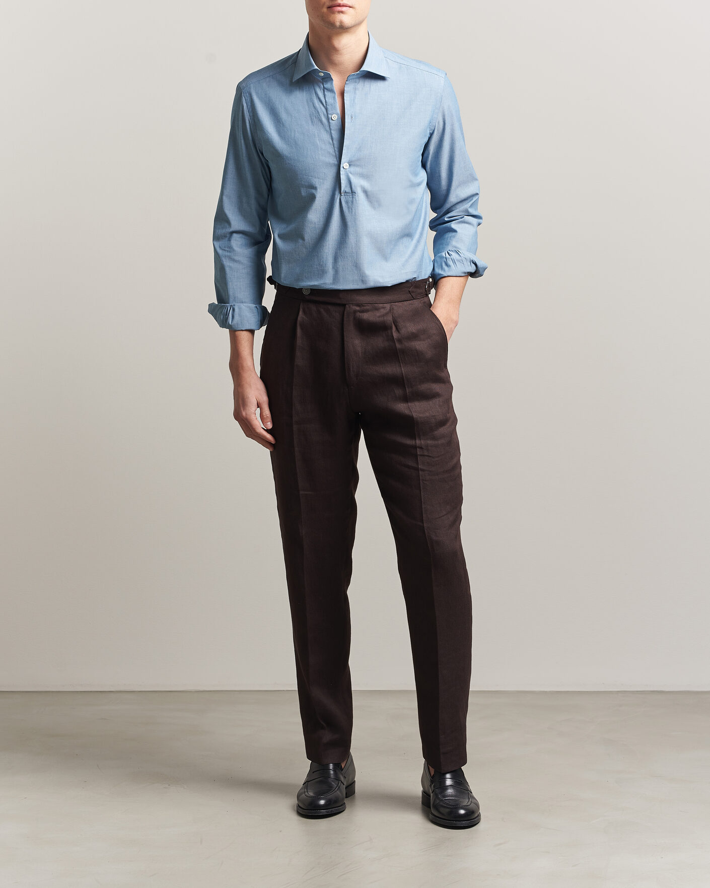 Homme | Chemises | Mazzarelli | Soft Cotton Denim Popover Shirt Blue