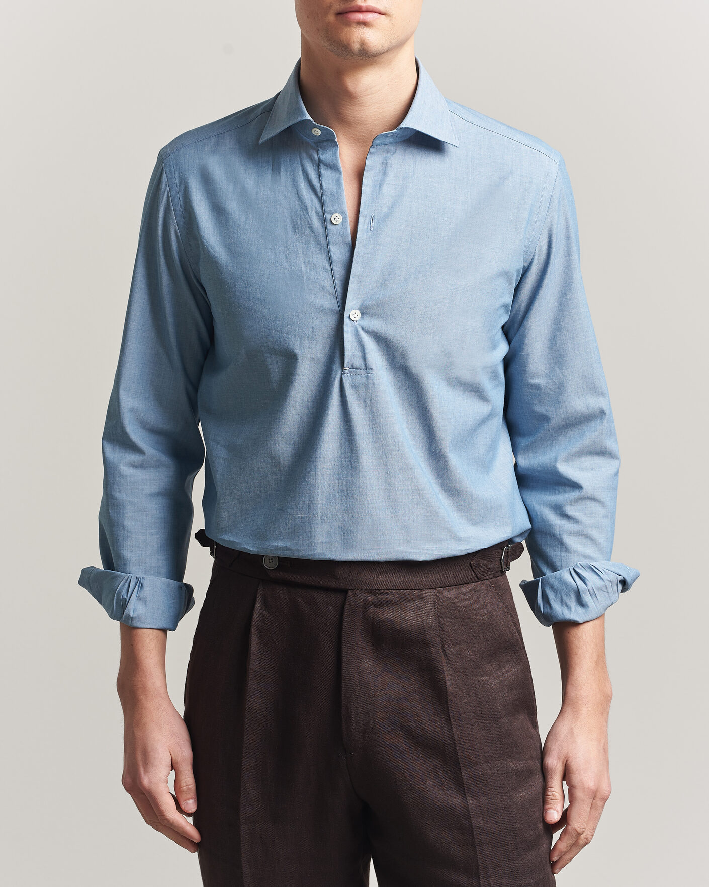 Homme | Chemises | Mazzarelli | Soft Cotton Denim Popover Shirt Blue