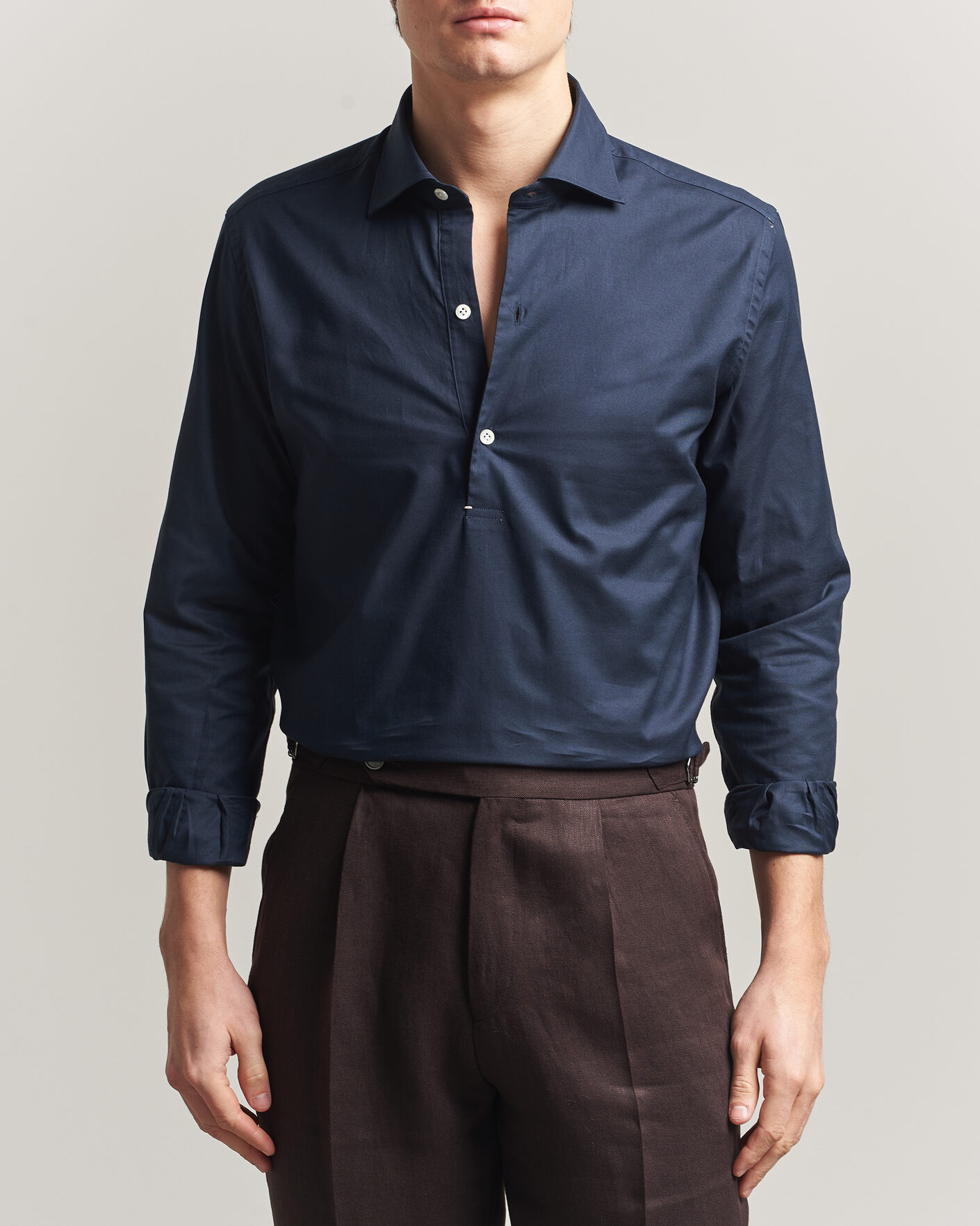 Homme | Chemises | Mazzarelli | Soft Oxford Popover Shirt Navy