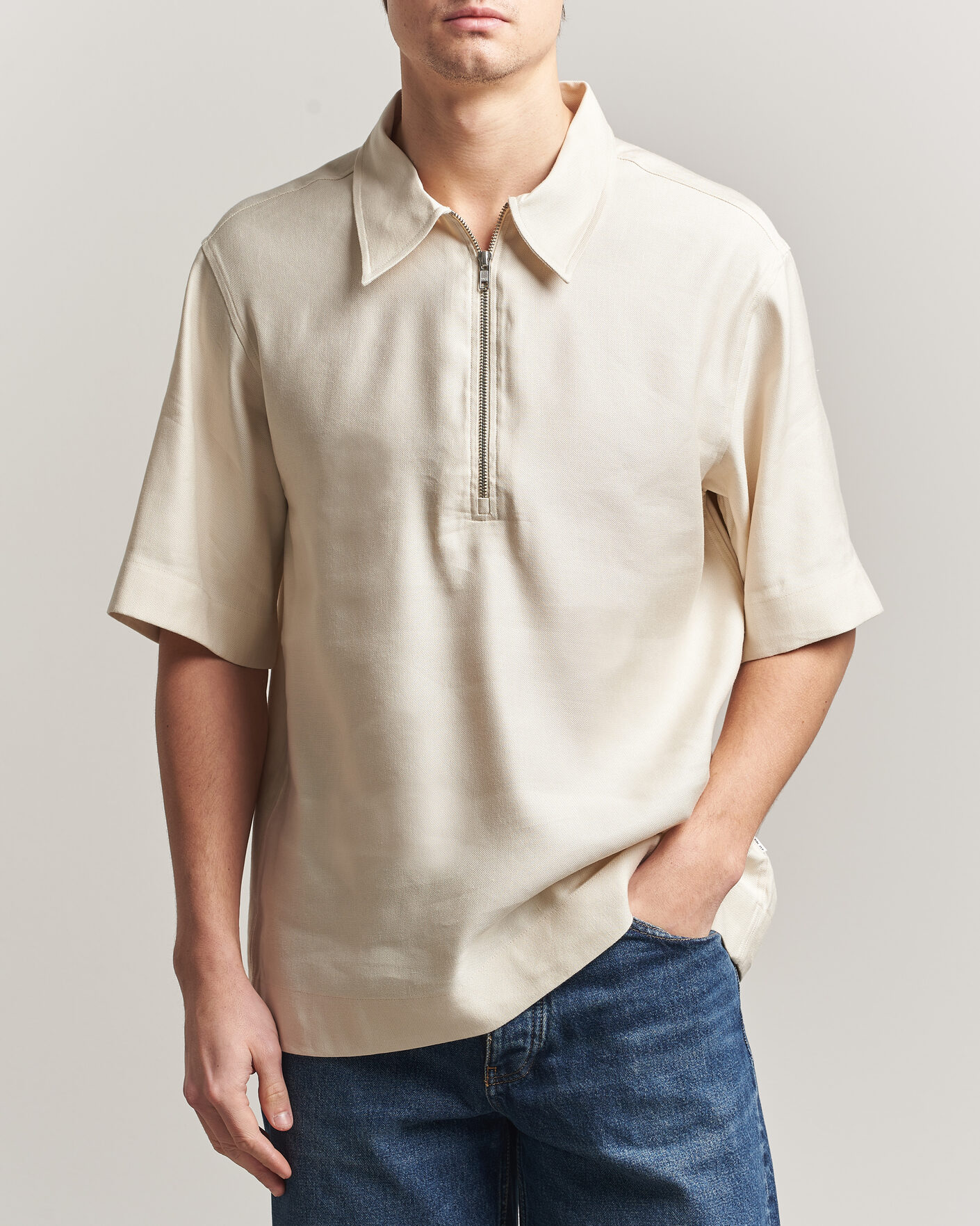 Homme | Polos | NN07 | Bruno Linen/Viscose Half Zip Polo Ivory