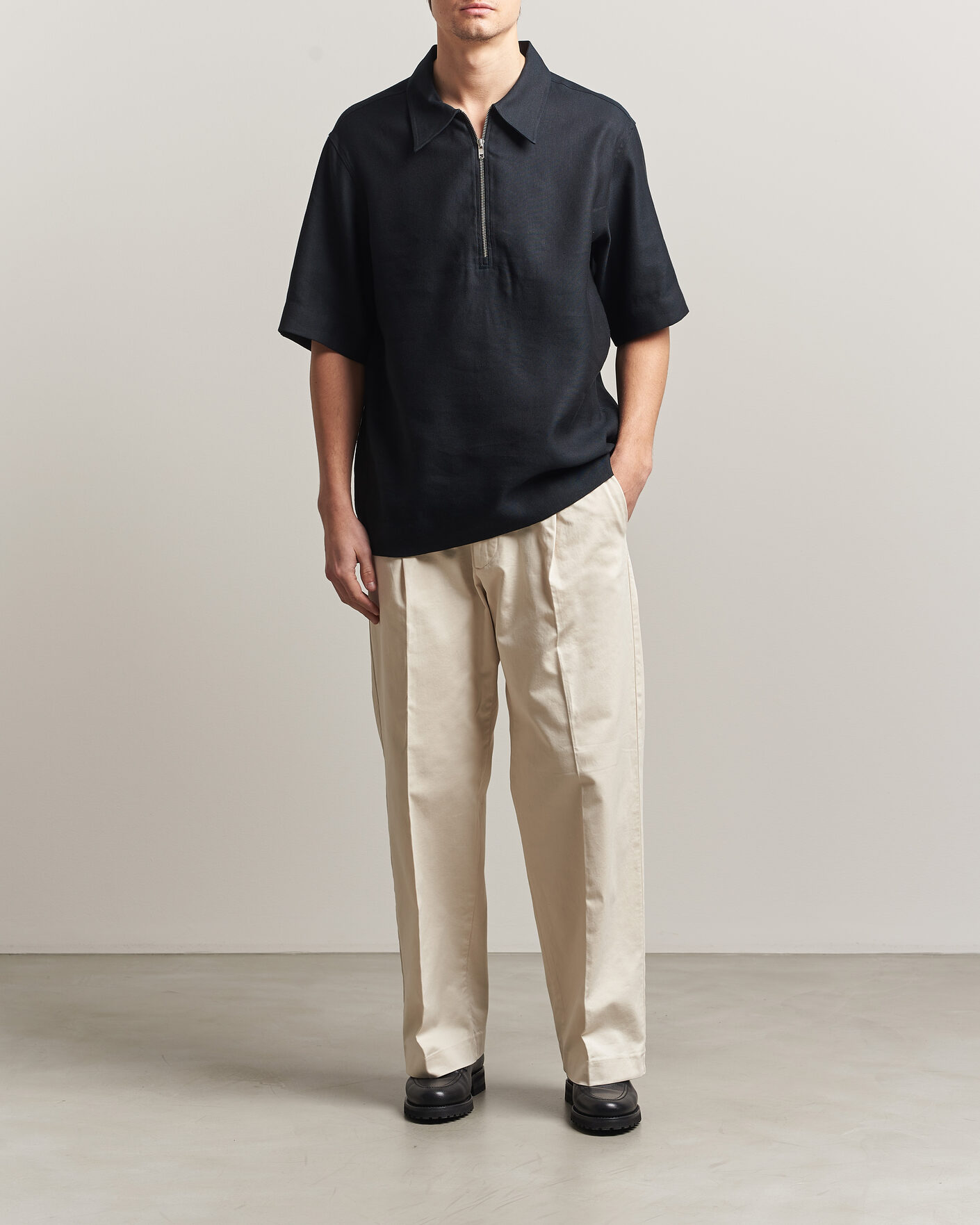 Homme | Polos | NN07 | Bruno Linen/Viscose Half Zip Polo Black