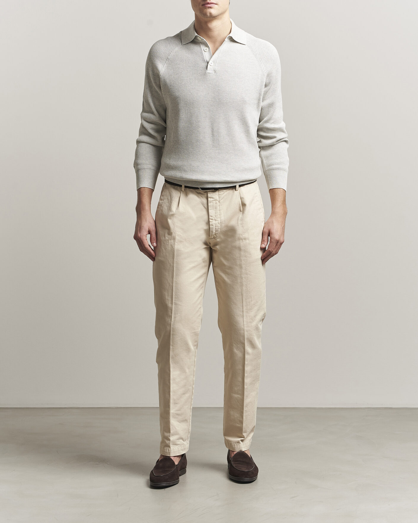 Homme | Pulls Et Tricots | Brunello Cucinelli | Cotton Rib Knitted Long Sleeve Polo Light Grey