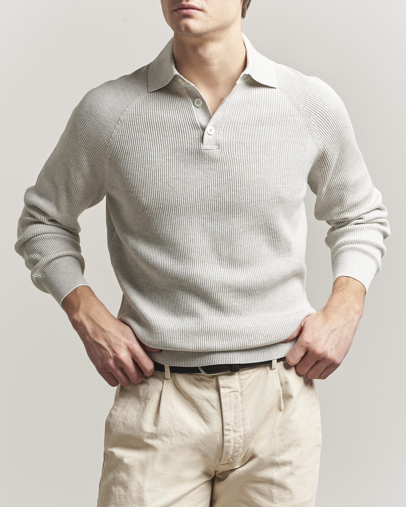 Homme | Pulls Et Tricots | Brunello Cucinelli | Cotton Rib Knitted Long Sleeve Polo Light Grey