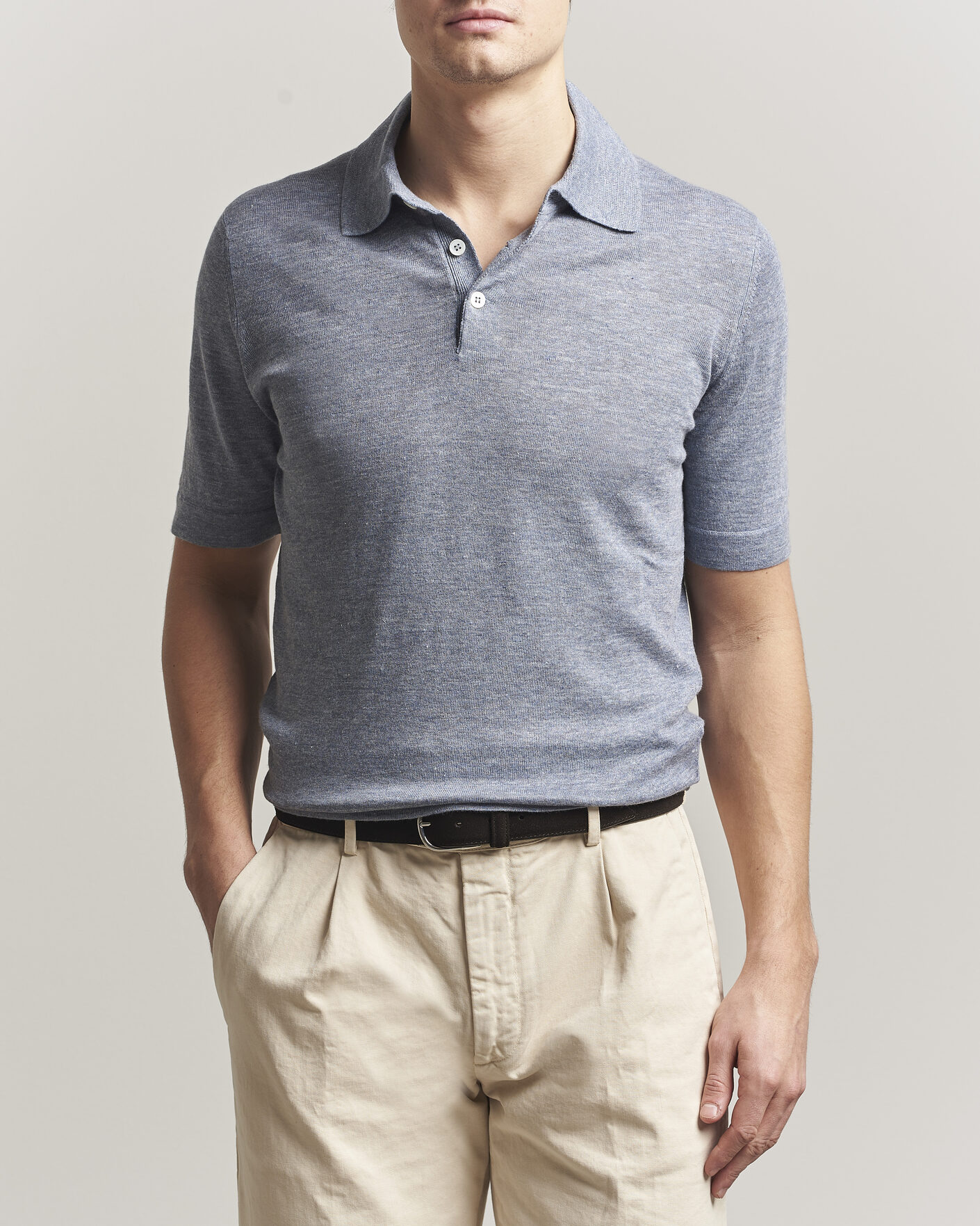 Homme | Polos | Brunello Cucinelli | Linen Knitted Polo Light Blue
