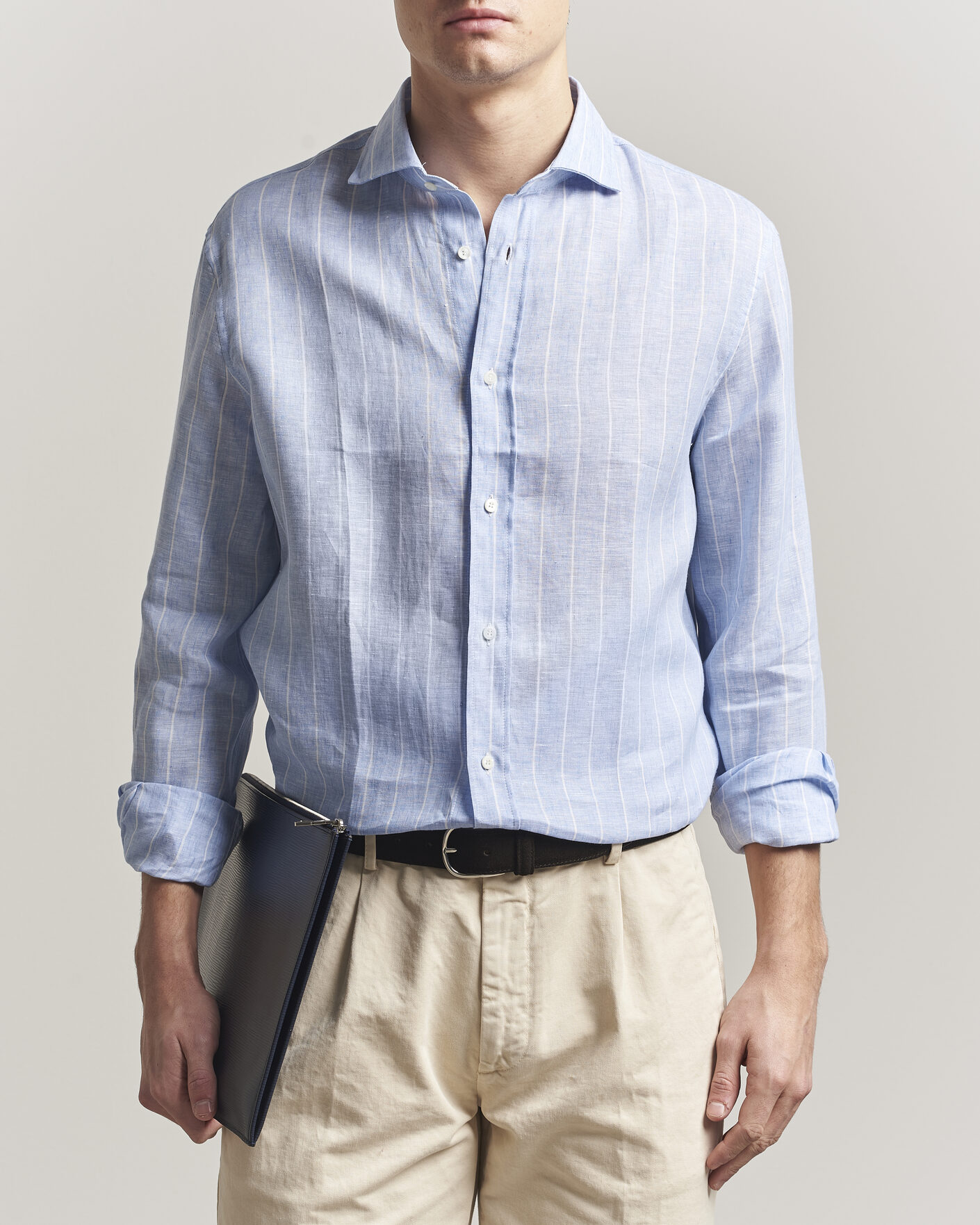 Homme | Chemises | Brunello Cucinelli | Easy Fit Linen Shirt Light Blue Stripe