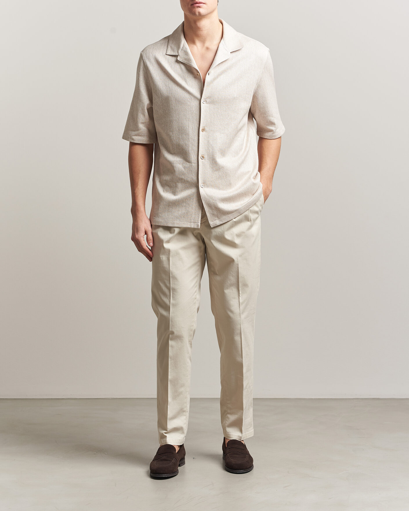Homme | Chemises | Brunello Cucinelli | Linen Herringbone Camp Shirt Light Beige
