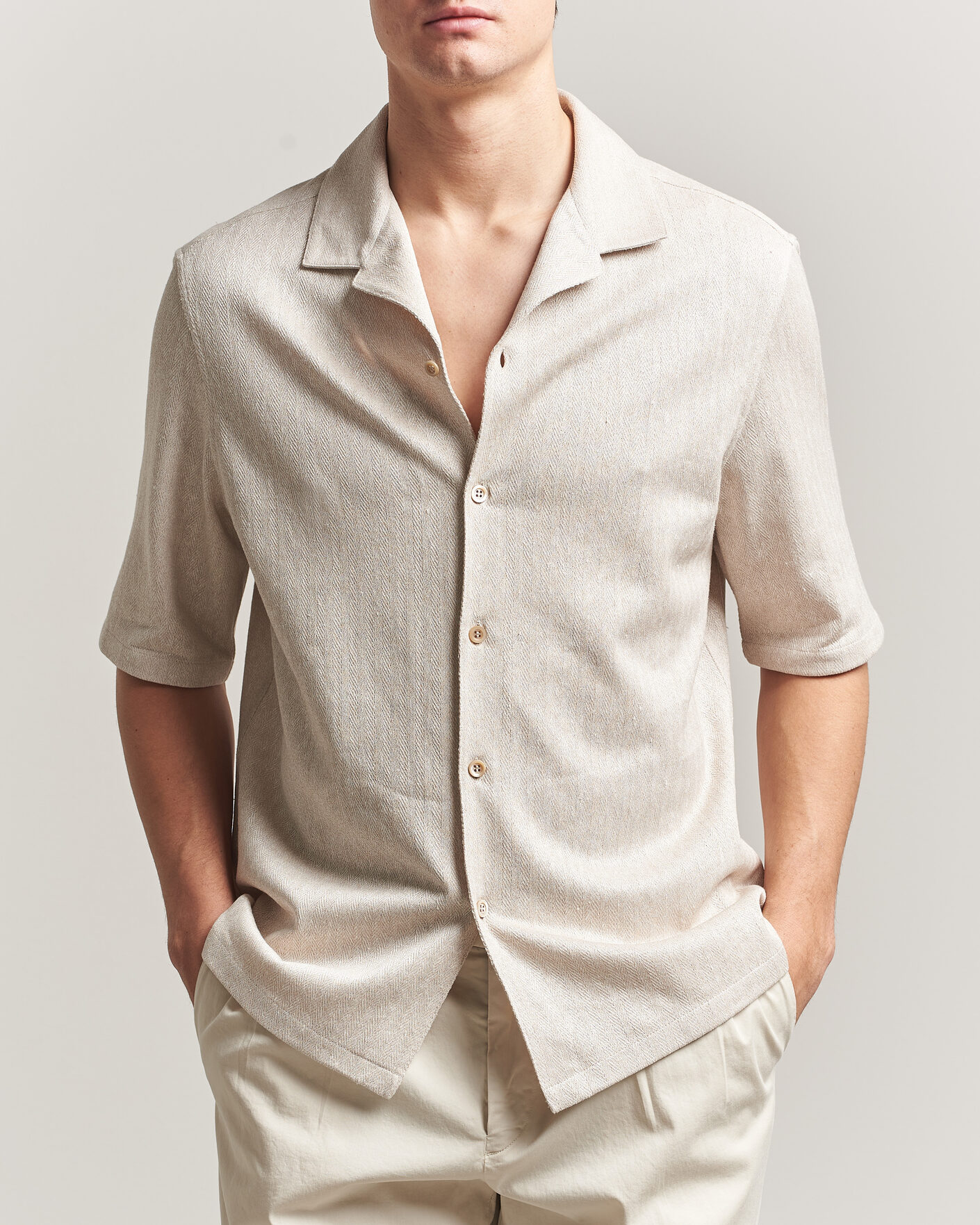 Homme | Chemises | Brunello Cucinelli | Linen Herringbone Camp Shirt Light Beige