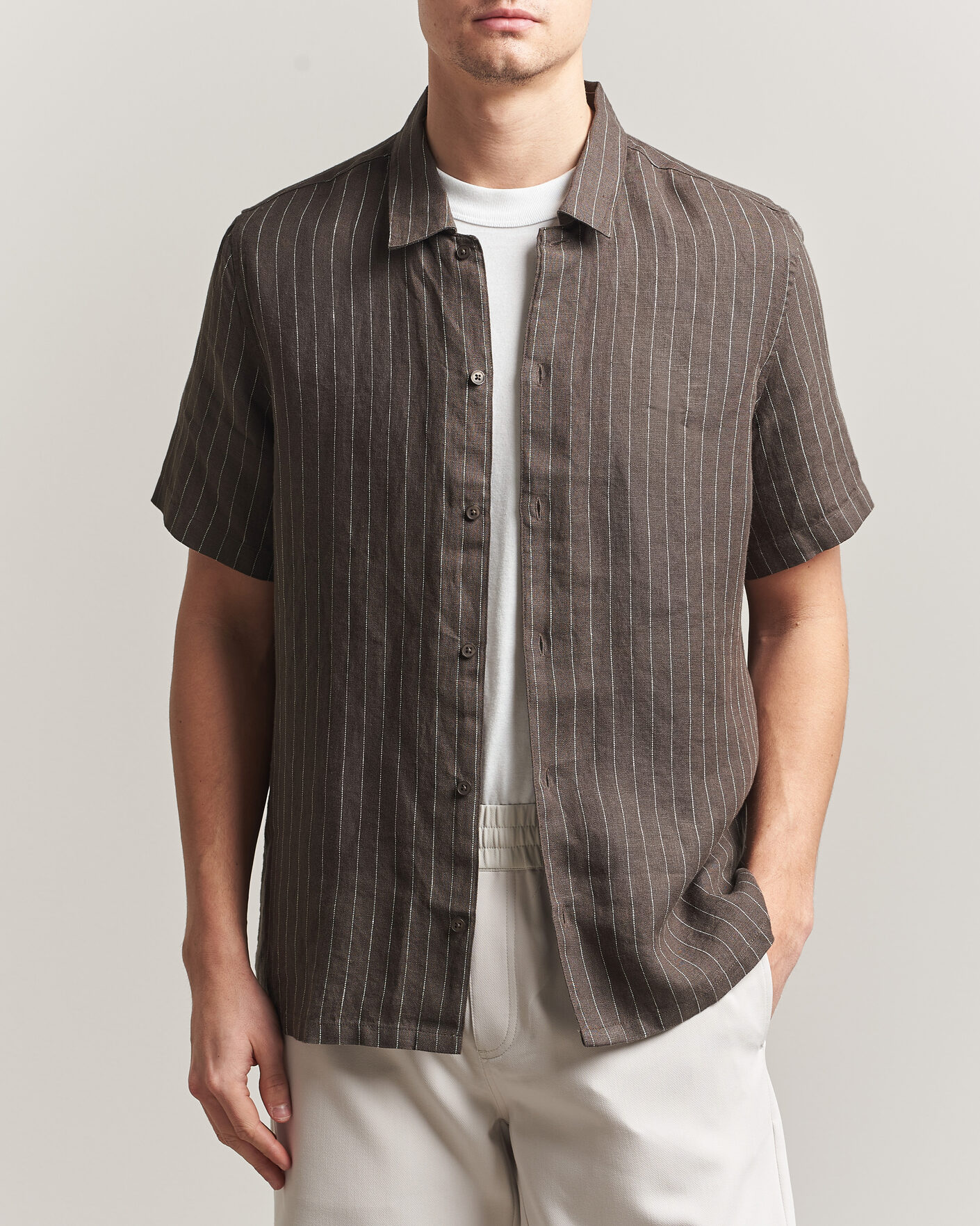 Homme | Chemises | Samsøe Samsøe | Avan Linen Striped Short Sleeve Shirt Black Olive