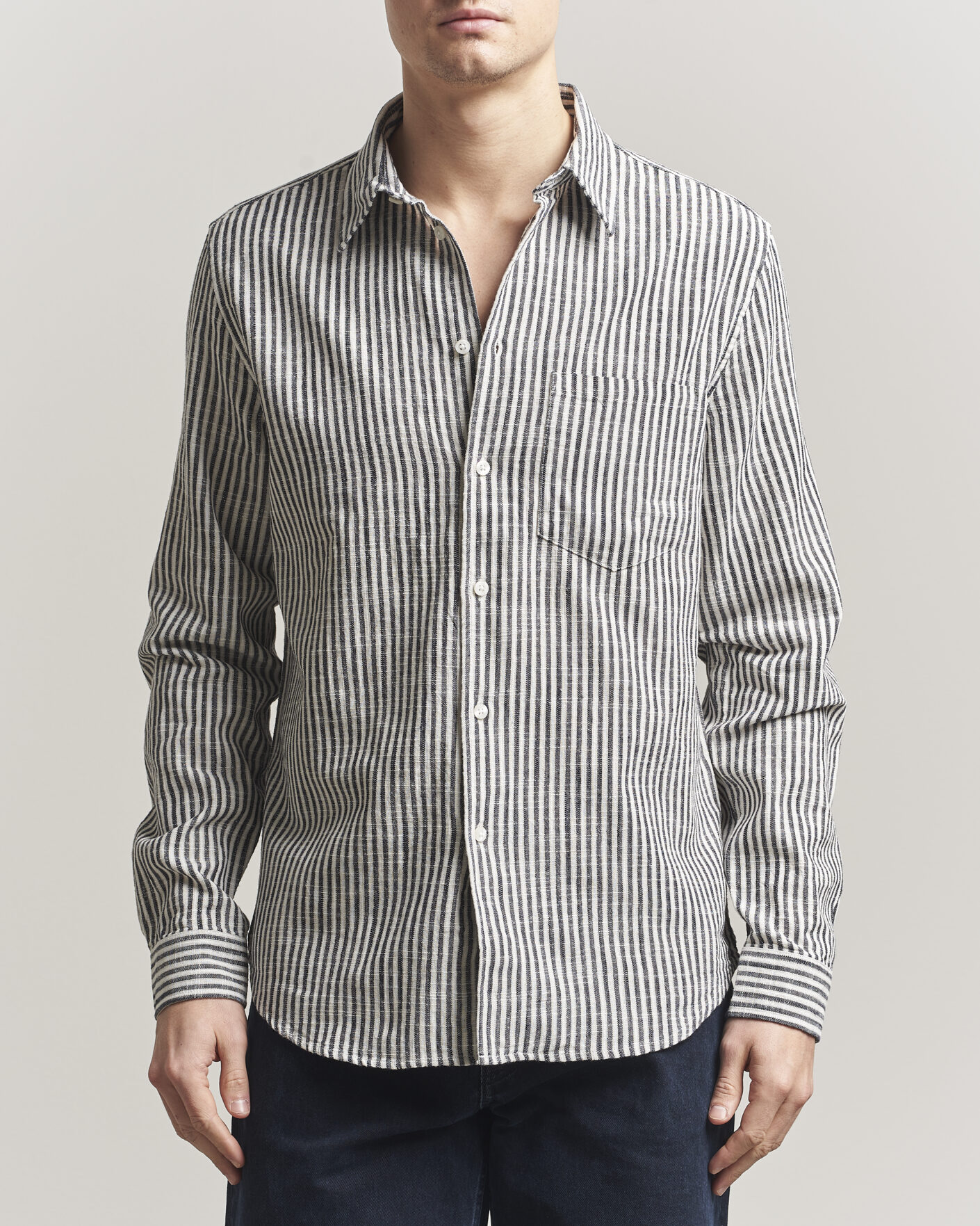 Homme | Chemises | Samsøe Samsøe | Liam Cotton/Linen Striped Shirt Salute Navy