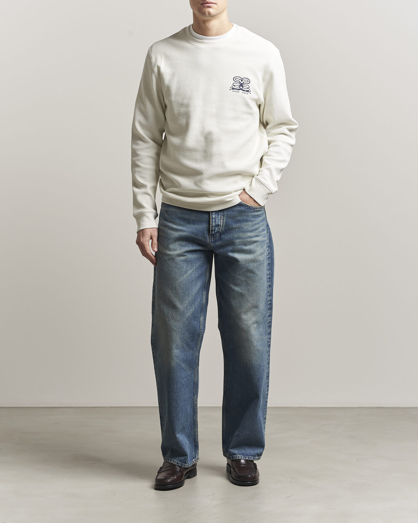 Homme | T-shirts | Samsøe Samsøe | Fellow Waffle Printed Long Sleeve T-Shirt Clear Cream