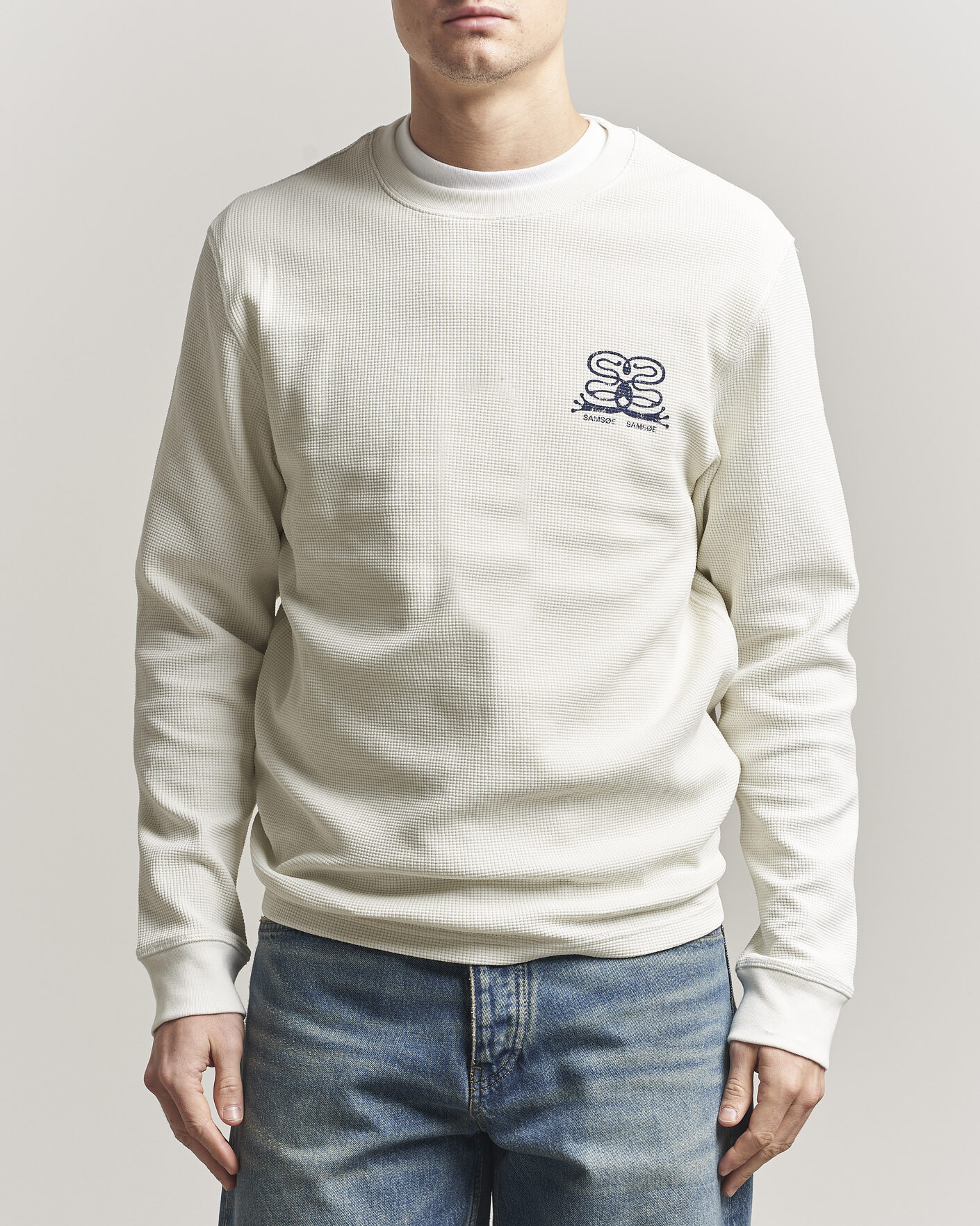 Homme | T-shirts | Samsøe Samsøe | Fellow Waffle Printed Long Sleeve T-Shirt Clear Cream