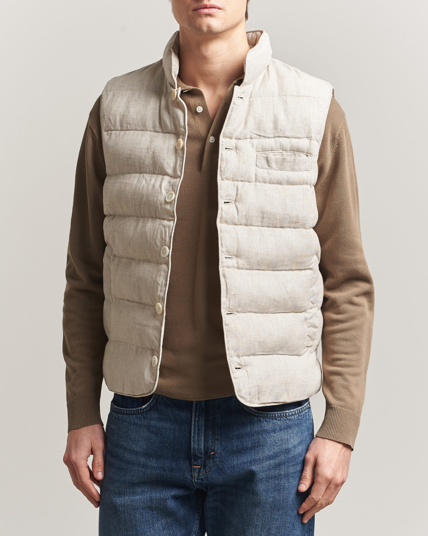 Homme | Gilets | Stenströms | Padded Mini Houndstooth Linen Vest Beige