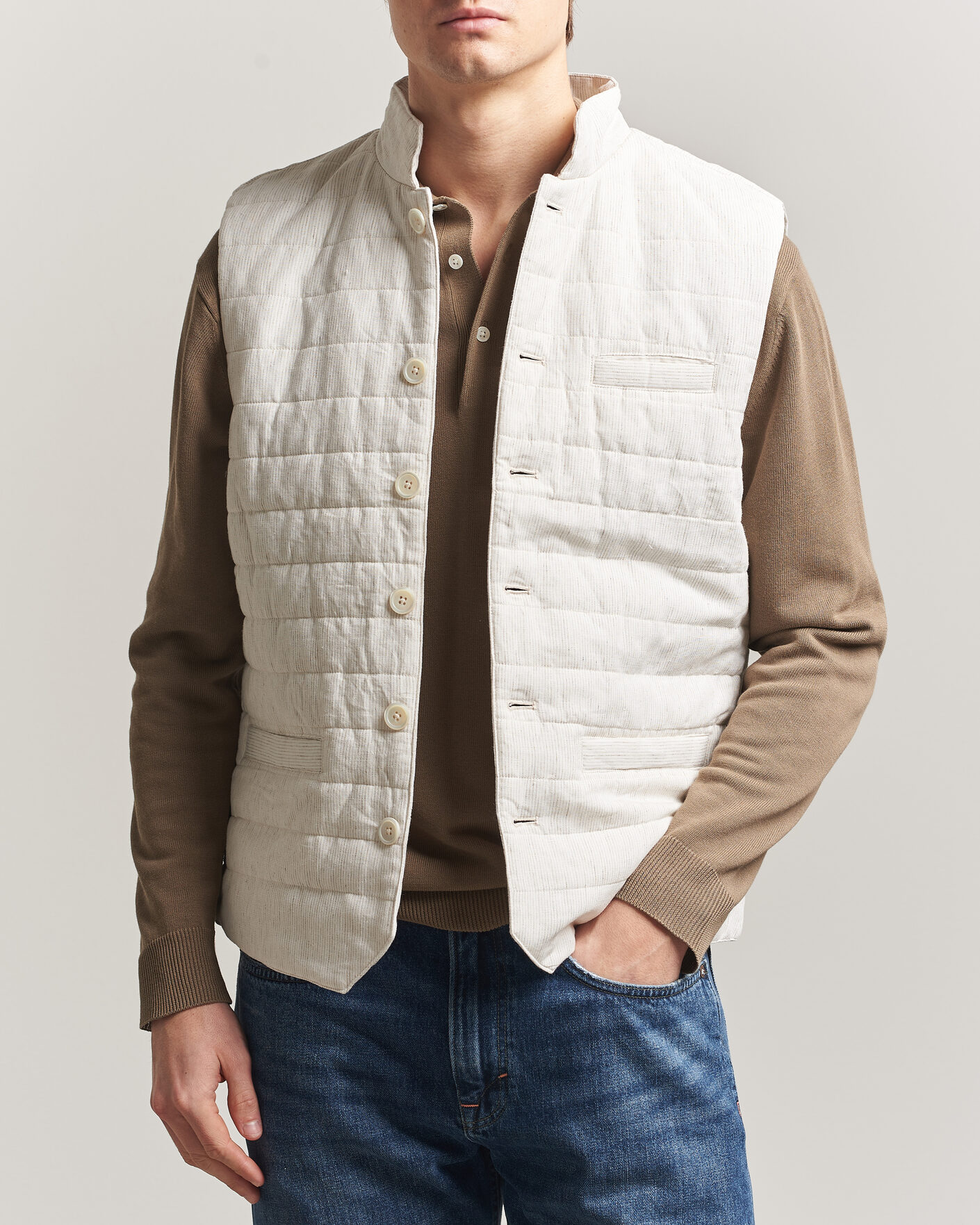 Homme | Gilets | Stenströms | Mid Layer Pin Stripe Linen Vest Off White