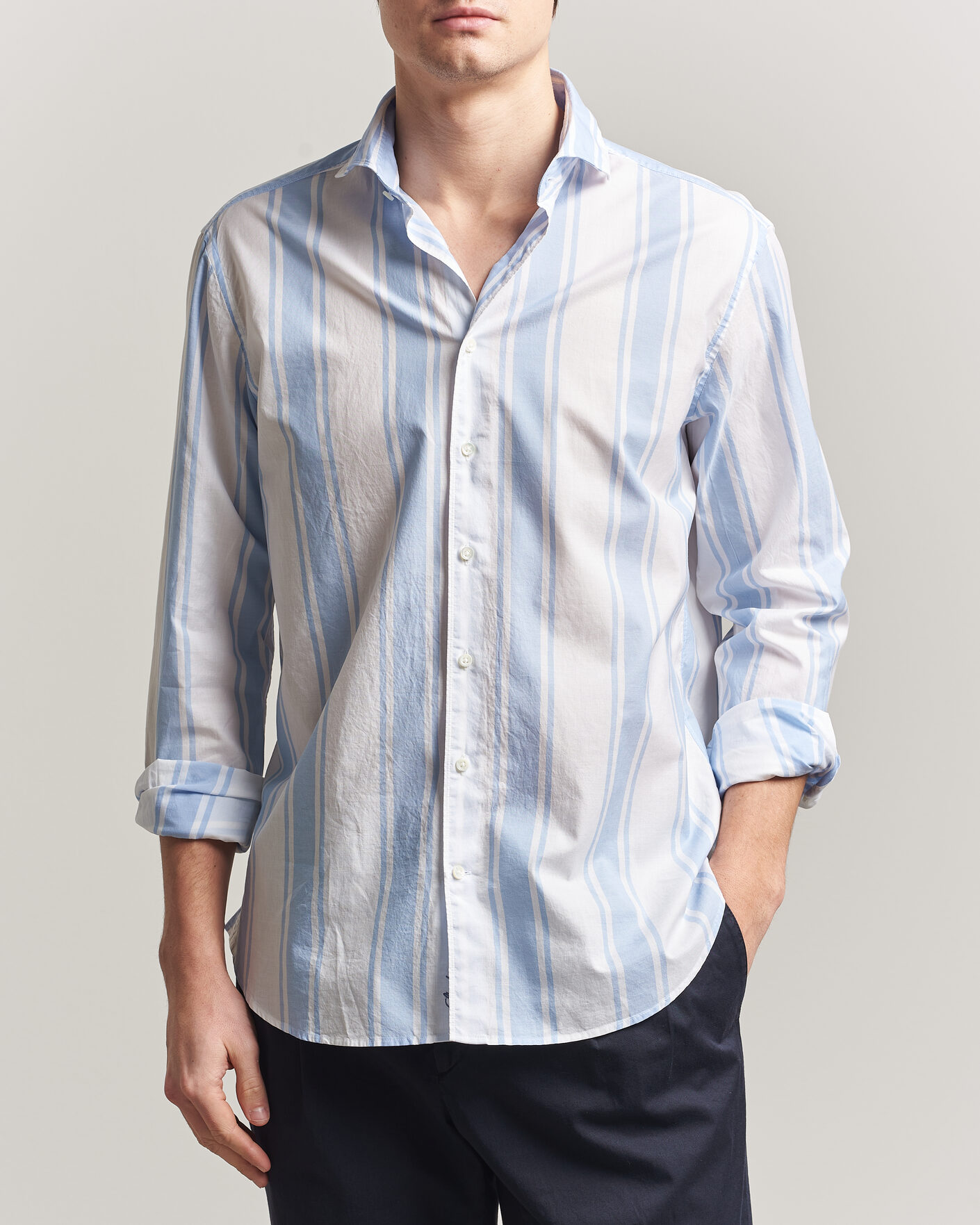 Homme | Chemises | Stenströms | Regular Fit Thin Poplin Stripe Shirt Blue