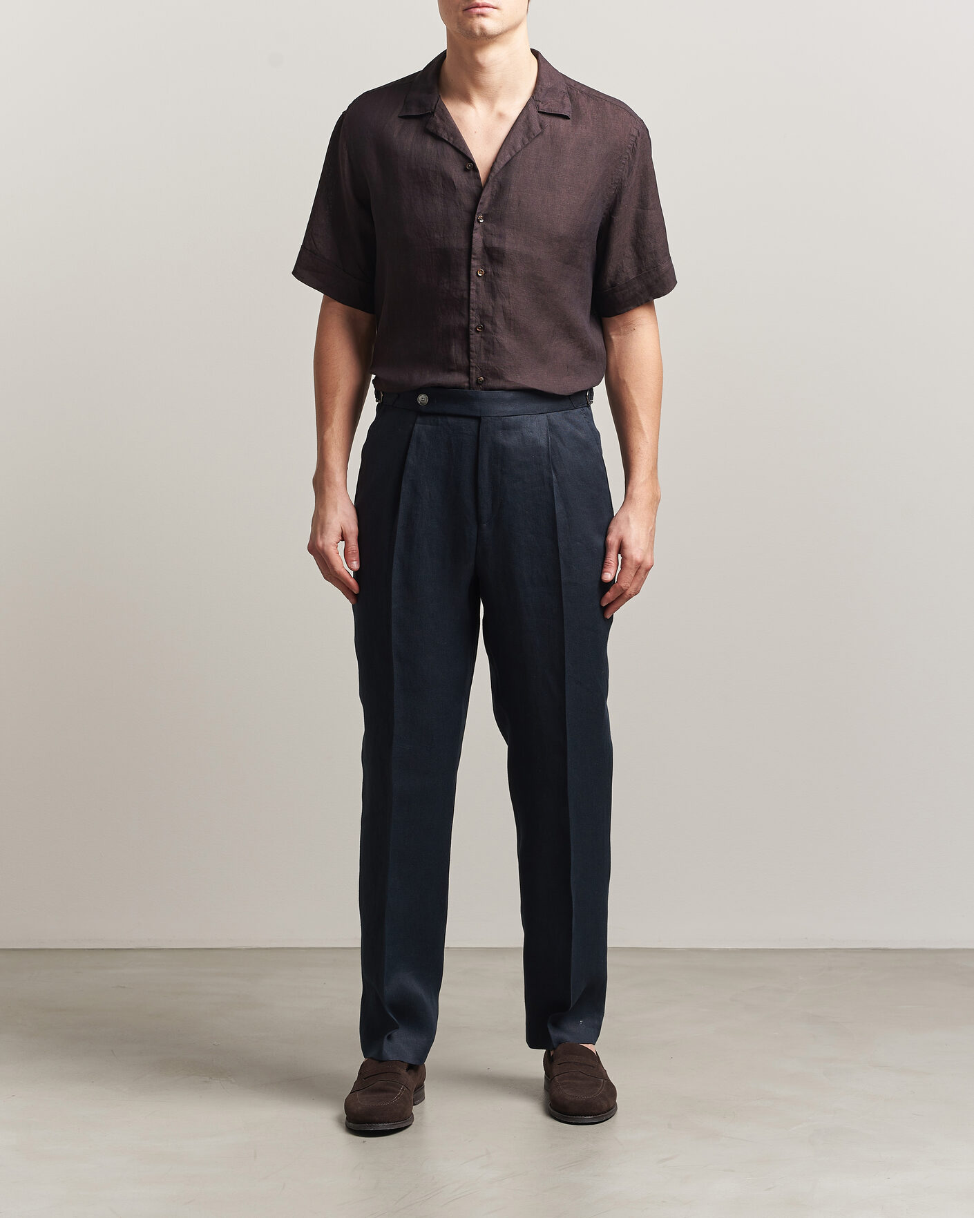 Homme | Chemises | Stenströms | Short Sleeve Linen Shirt Dark Brown