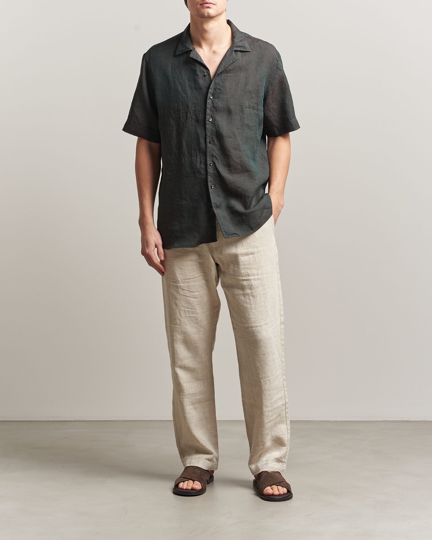 Homme | Chemises | Stenströms | Short Sleeve Linen Shirt Dark Green