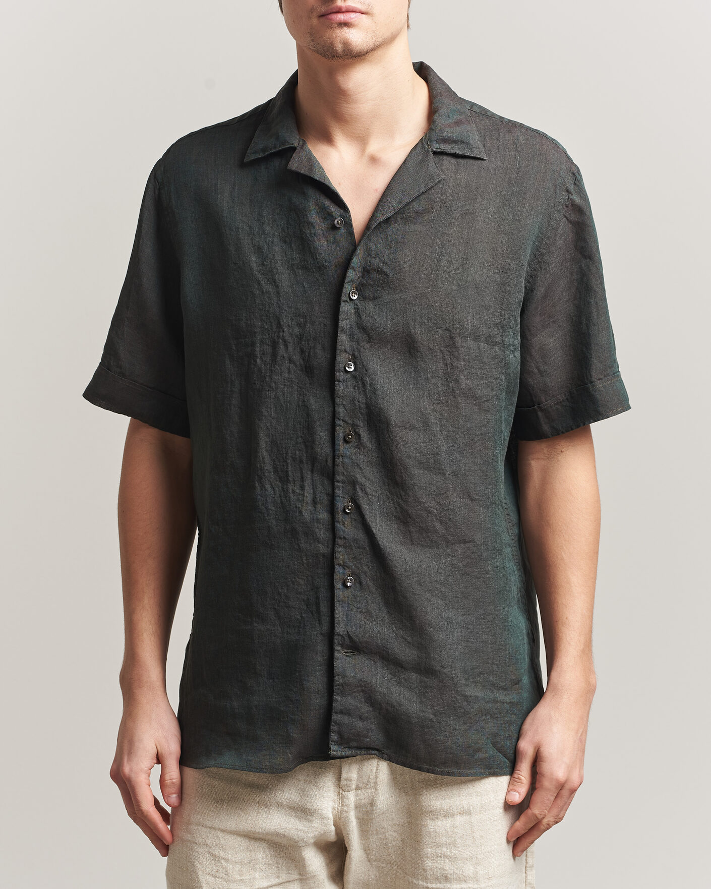 Homme | Chemises | Stenströms | Short Sleeve Linen Shirt Dark Green