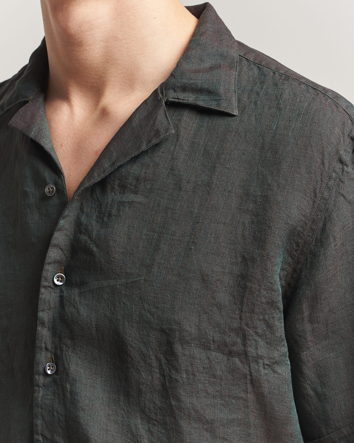 Homme | Chemises | Stenströms | Short Sleeve Linen Shirt Dark Green