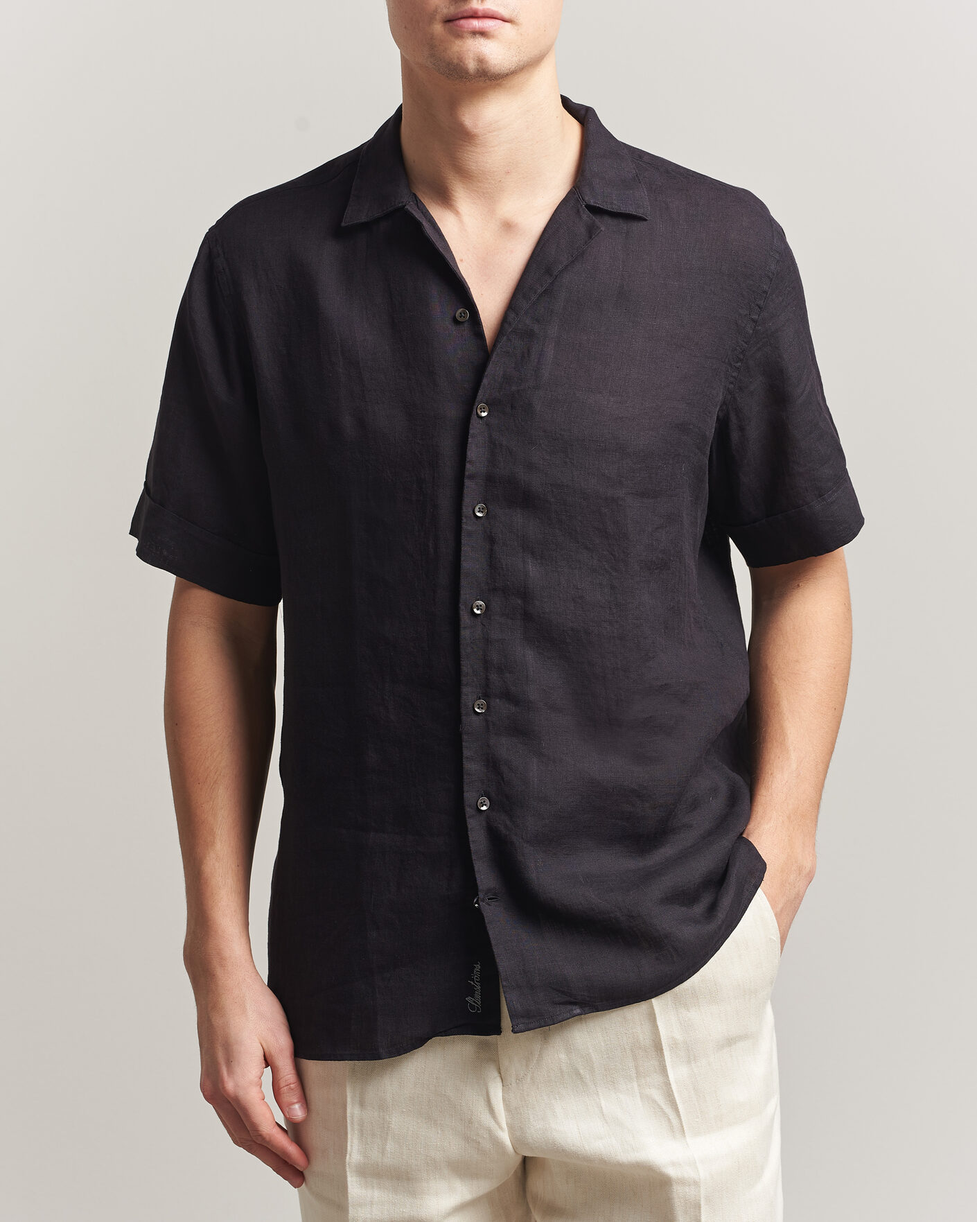 Homme | Chemises | Stenströms | Short Sleeve Linen Shirt Black