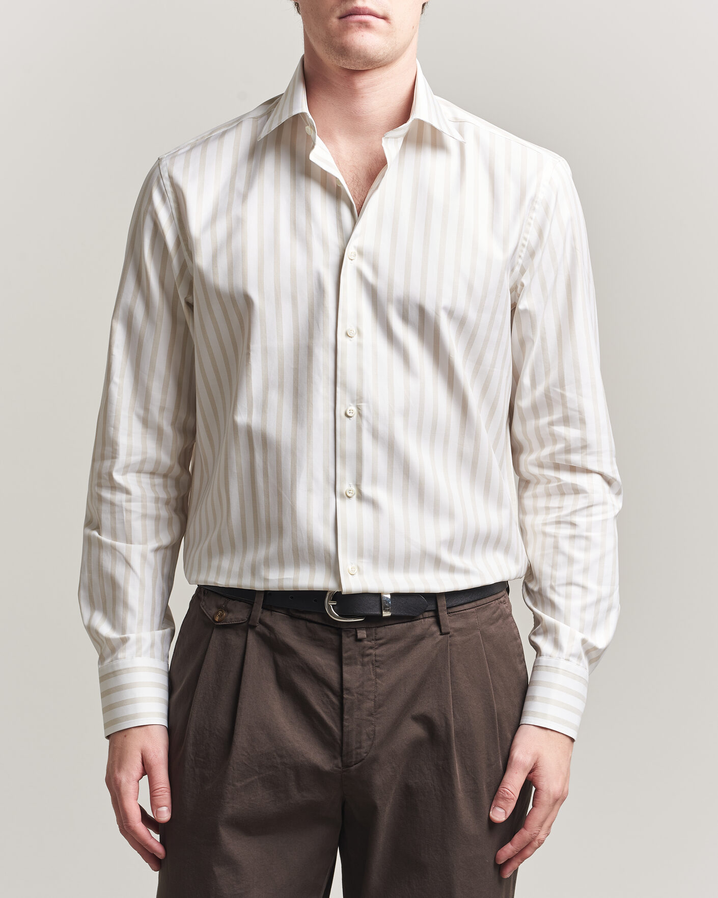 Homme | Chemises | Stenströms | Regular Wide Stripe Twill Shirt Beige