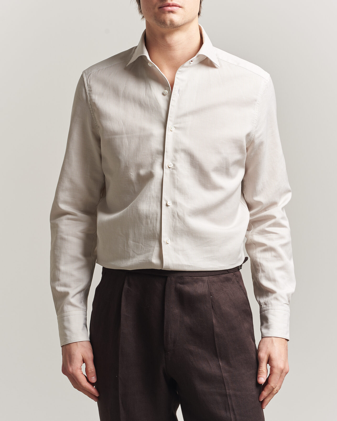 Homme | Chemises | Stenströms | 1899 Cotton/Linen/Silk Striped Shirt Beige