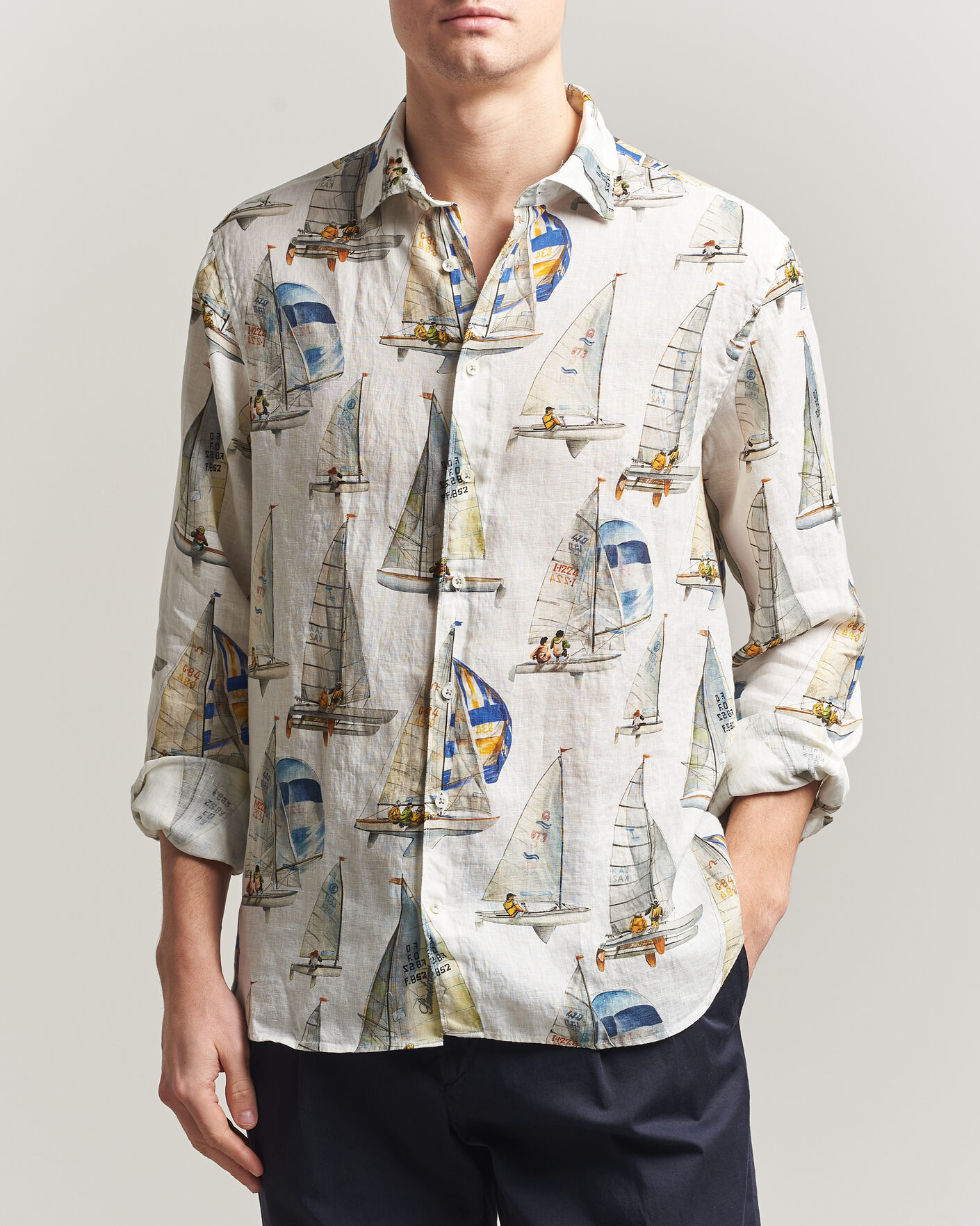 Homme | Chemises | Stenströms | Regular Fit Printed Sailing Linen Shirt White