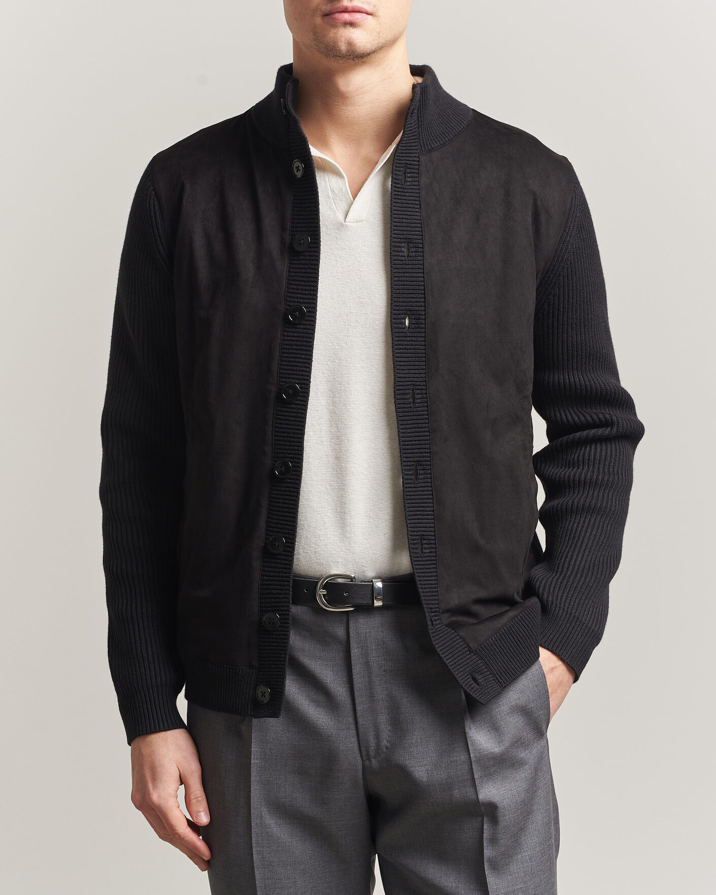 Homme | Pulls Et Tricots | Stenströms | Knitted Hybrid Buttoned Alcantara Cardigan Black