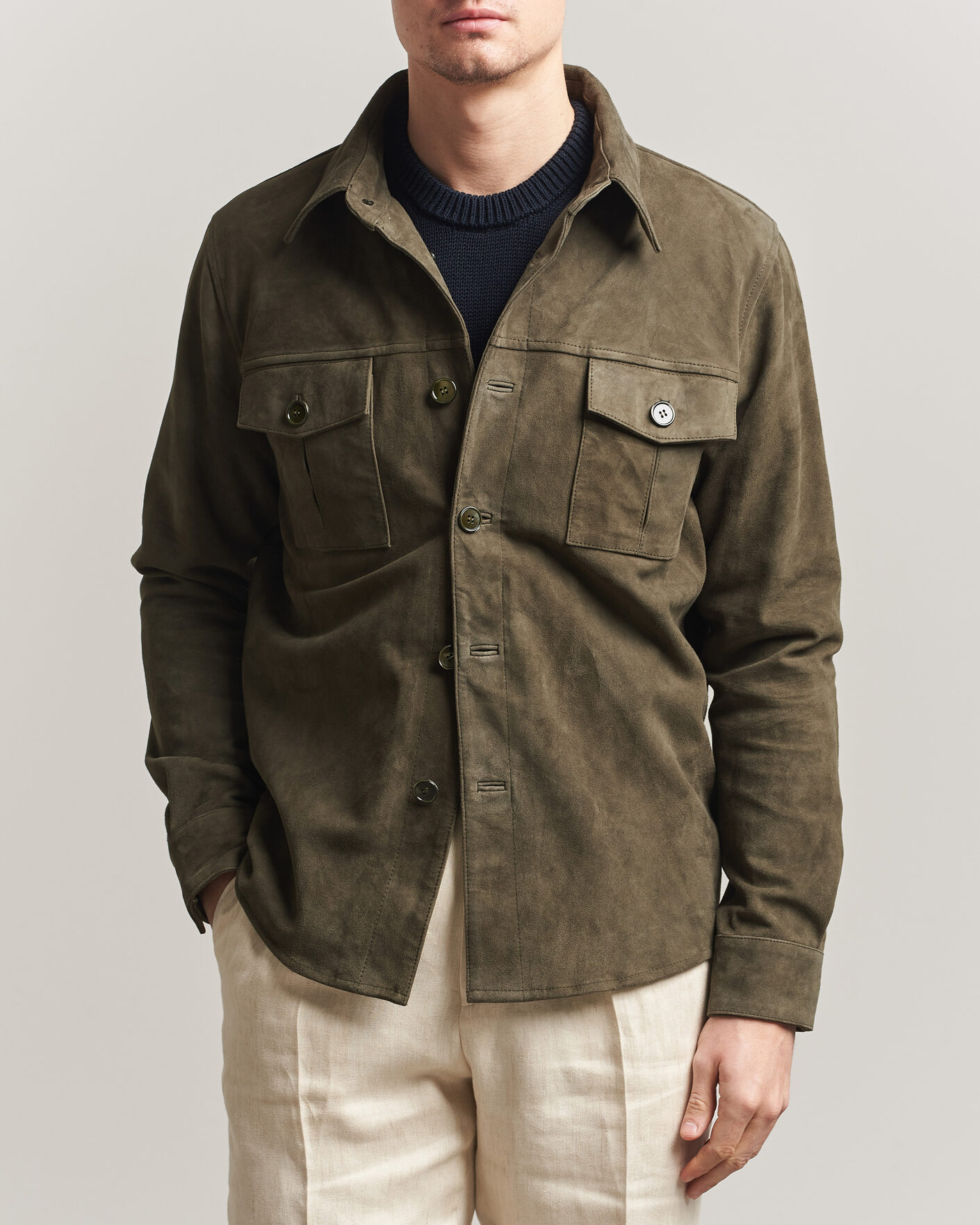 Homme | Manteaux Et Vestes | Stenströms | Suede Pocket Overshirt Olive