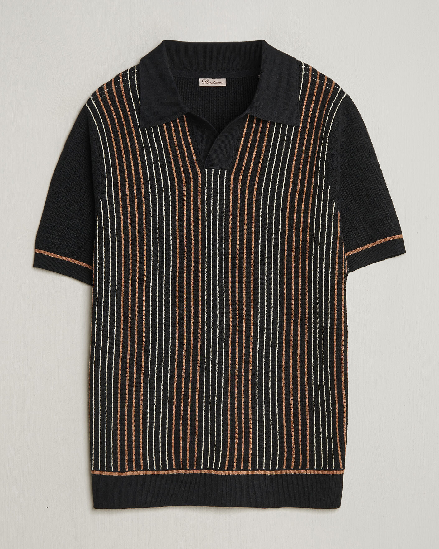 Homme | Polos | Stenströms | Knitted Stripe Hemp/Cotton Polo Black