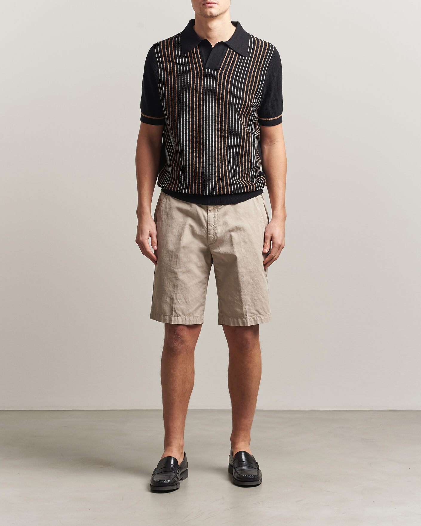 Homme | Polos | Stenströms | Knitted Stripe Hemp/Cotton Polo Black
