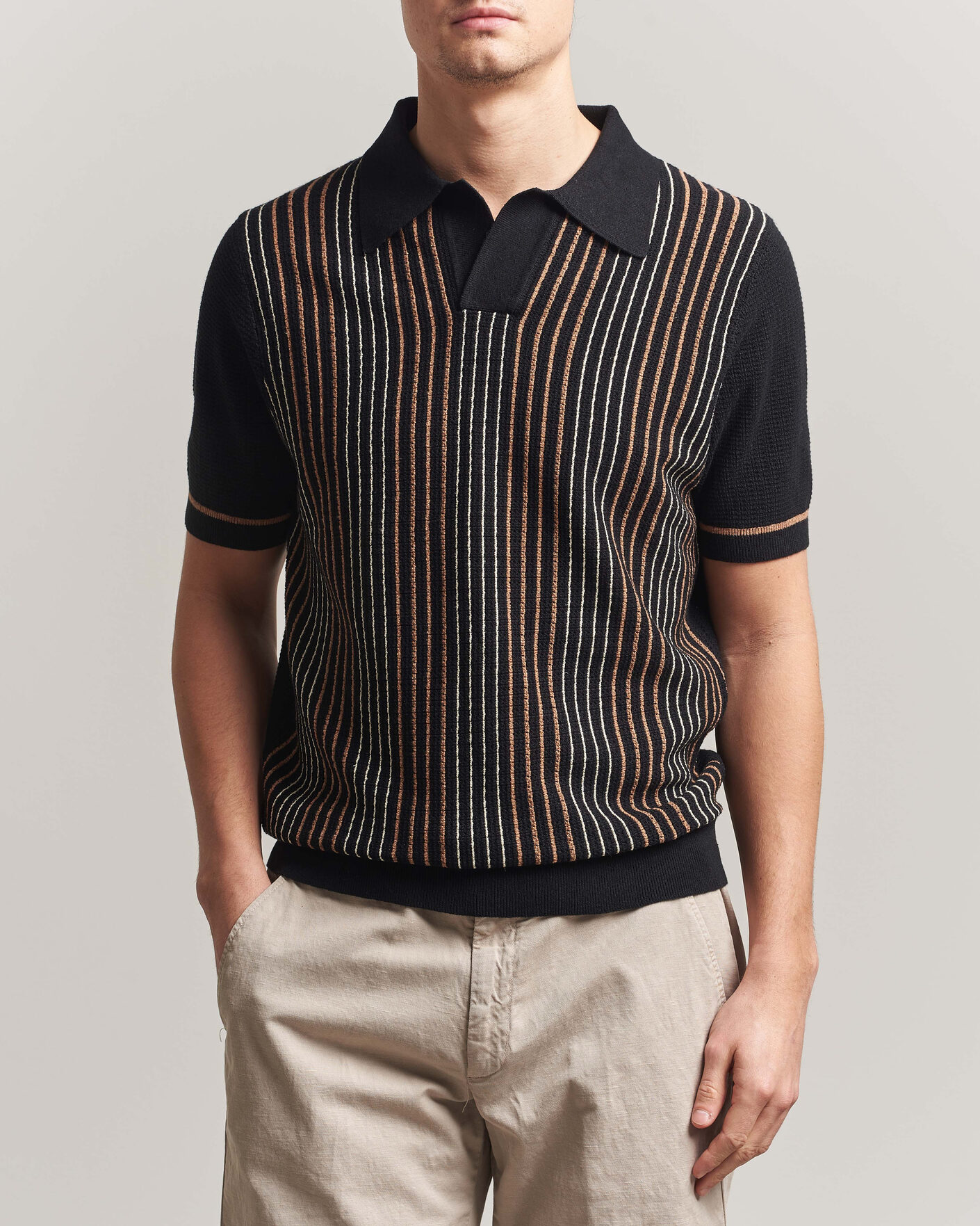 Homme | Polos | Stenströms | Knitted Stripe Hemp/Cotton Polo Black