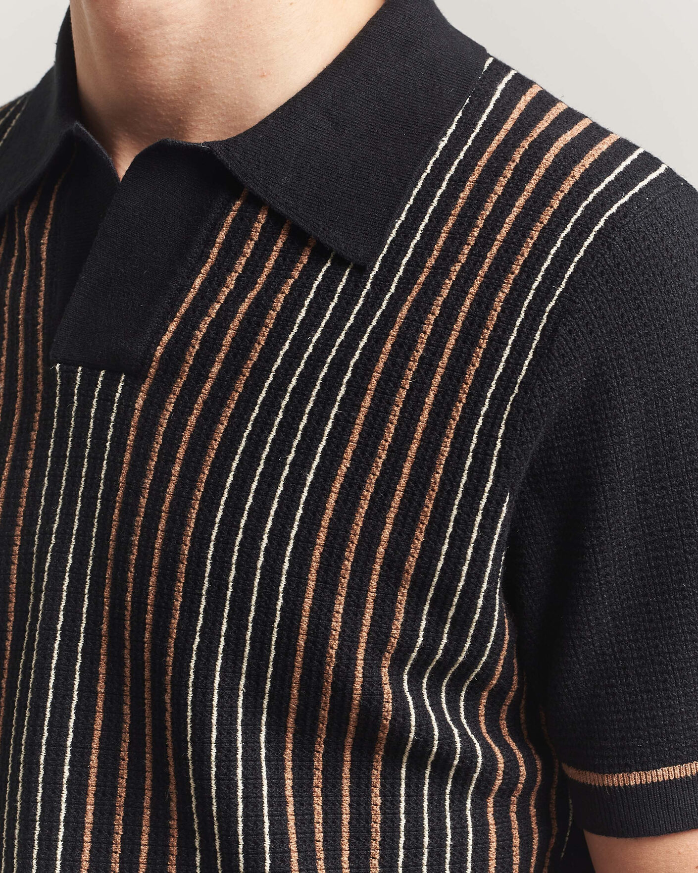 Homme | Polos | Stenströms | Knitted Stripe Hemp/Cotton Polo Black
