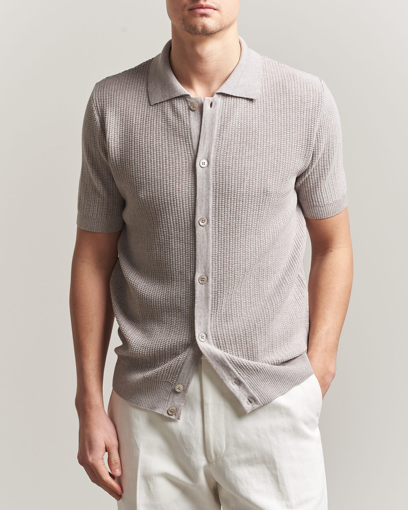 Homme | Polos | Stenströms | Knitted Buttonthru Merino Polo Shirt Grey