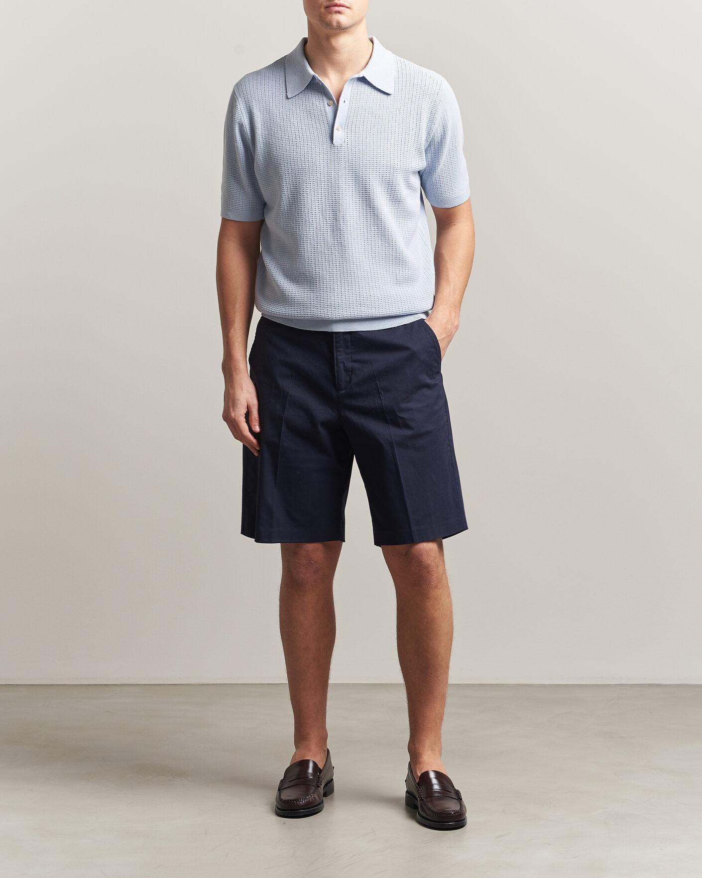 Homme | Polos | Stenströms | Knitted Textured Cotton/Hemp Polo Light Blue